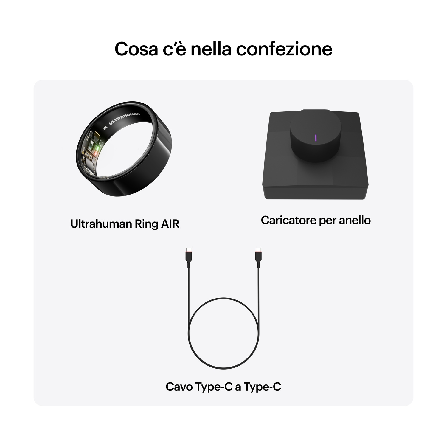 Anello Ultrahuman AIR, caricatore e cavo USB-C.