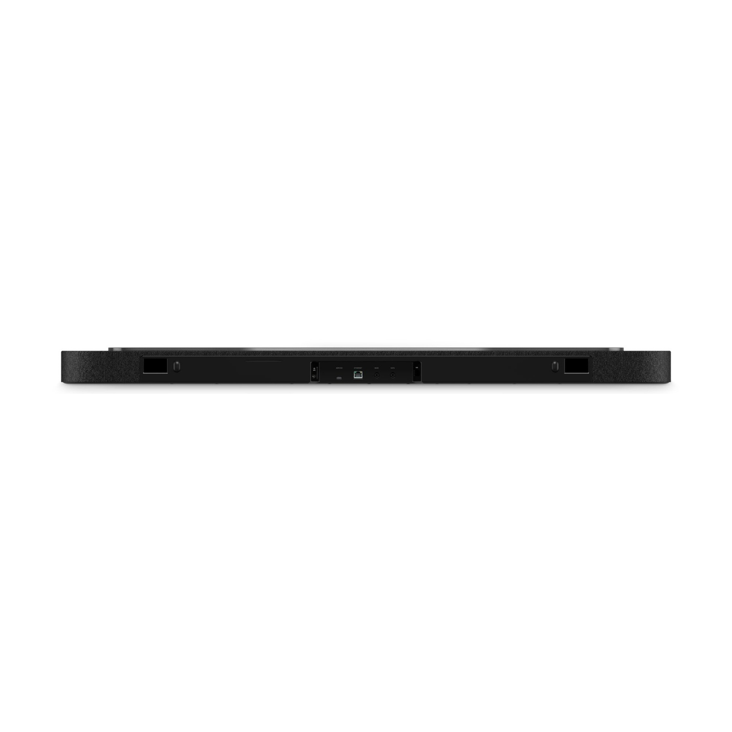 Soundbar nero con porte posteriori su sfondo bianco.