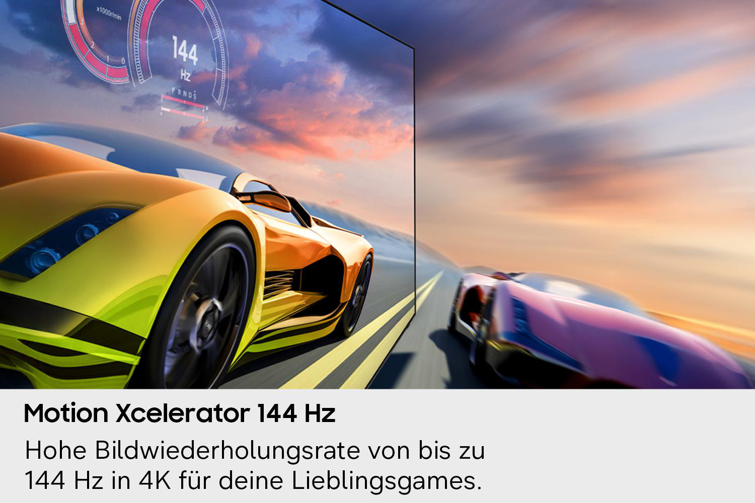 Gelber und pinker Rennwagen auf einer Straße bei Sonnenuntergang, 144 Hz.