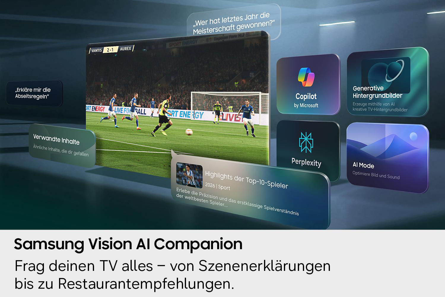 Ein Fußballspiel mit KI-Funktionen wie Copilot, Generative Hintergrundbilder, Perplexity und AI Mode.