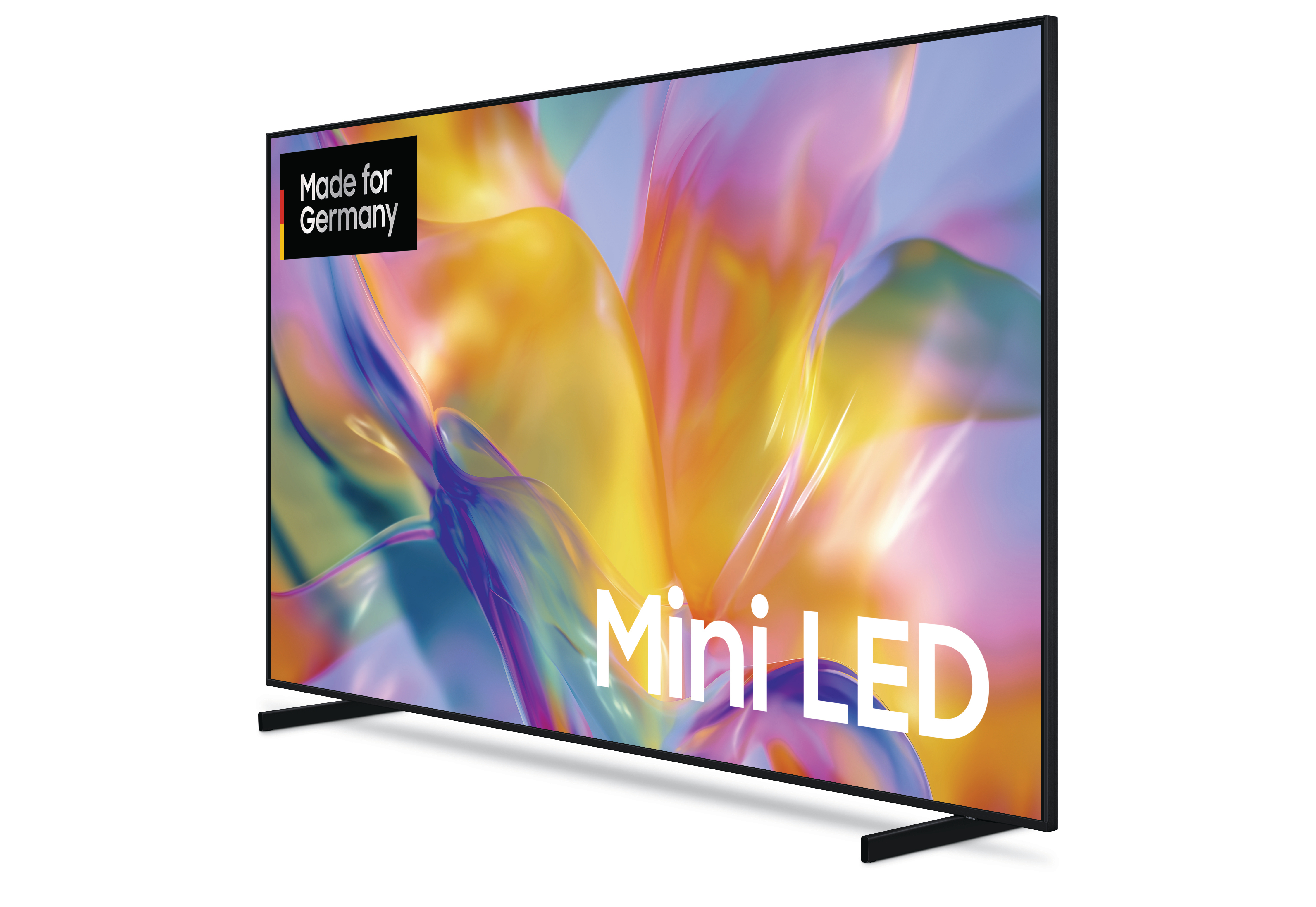 Ein moderner Fernseher mit einem bunten abstrakten Hintergrund und "Mini LED" Text.
