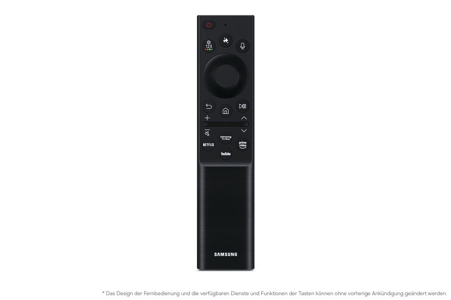 Schwarze Samsung Fernbedienung mit Tasten für 123, Haus, Zurück, Lautstärke, Netflix, YouTube, Prime Video.