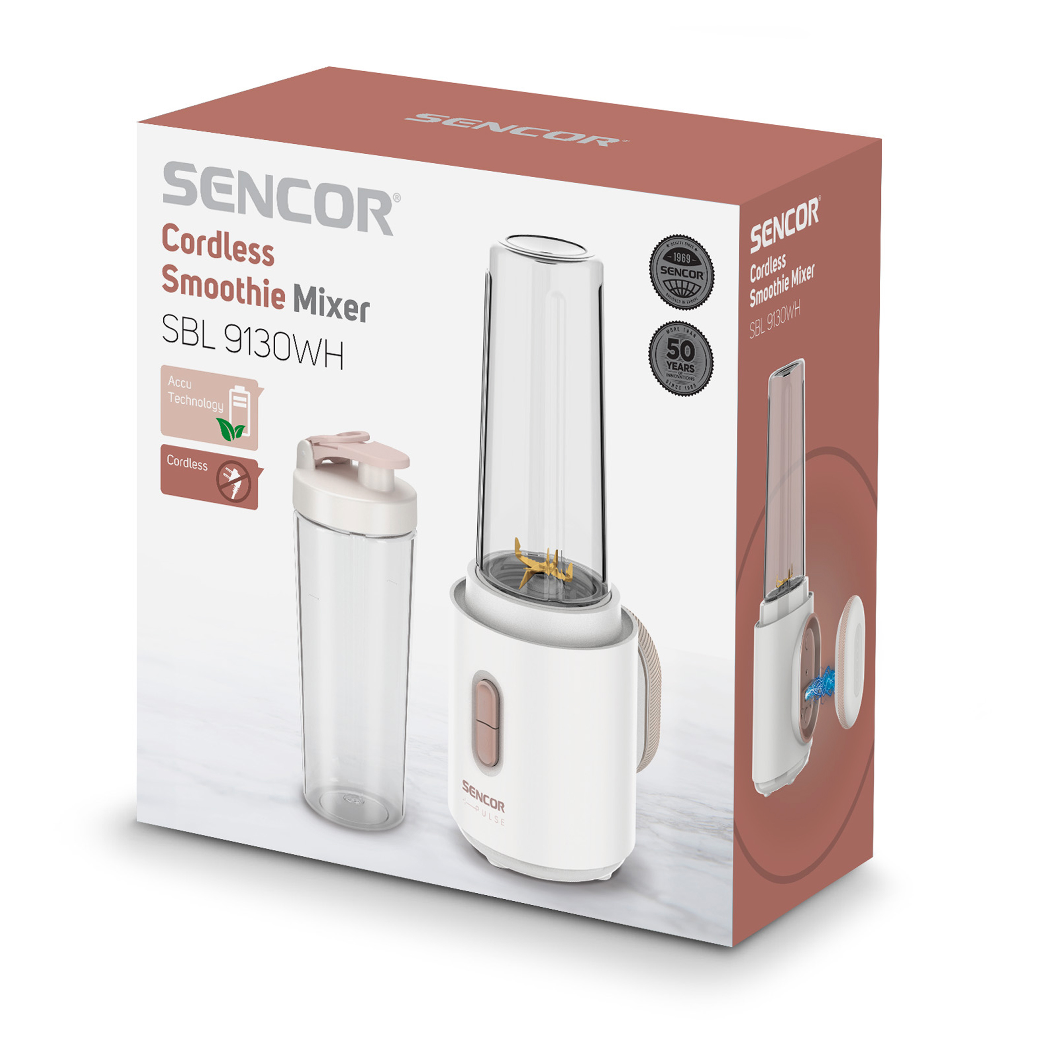SENCOR SBL 9130WH akkumulátoros turmixgép pohárral és mixer egységgel.