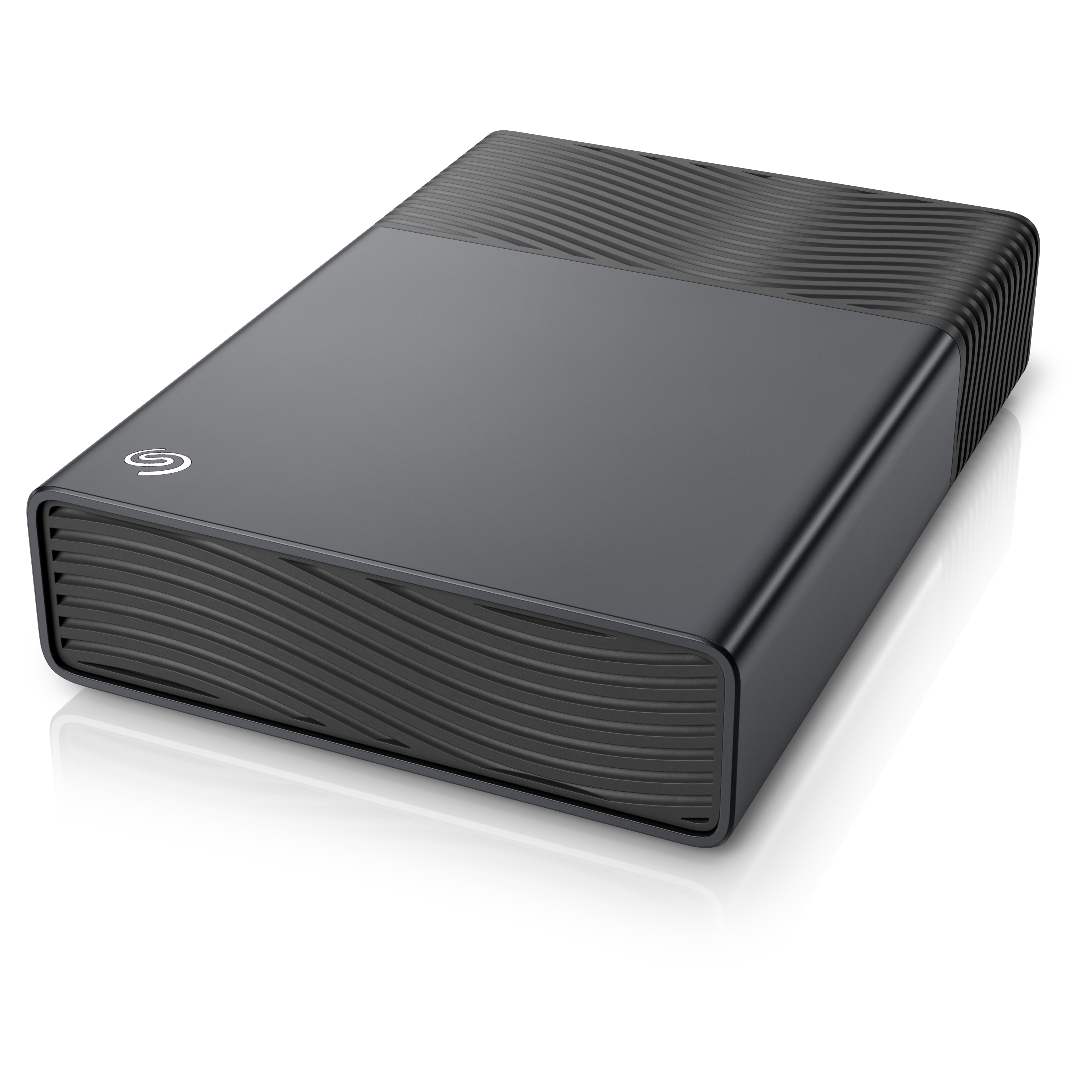 Schwarze externe Festplatte mit gerilltem Design und Seagate-Logo.