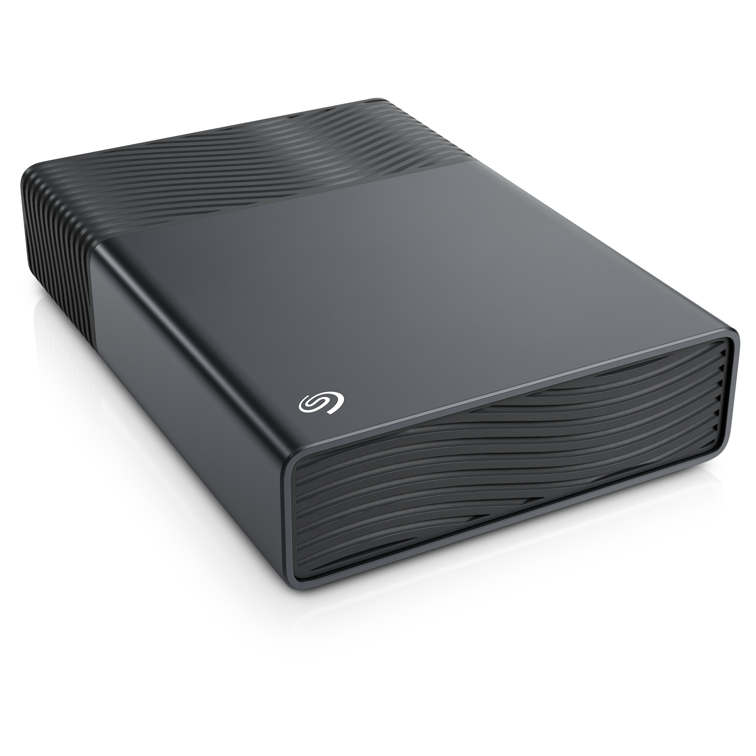 Schwarze externe Festplatte mit gewelltem Muster und Seagate-Logo.