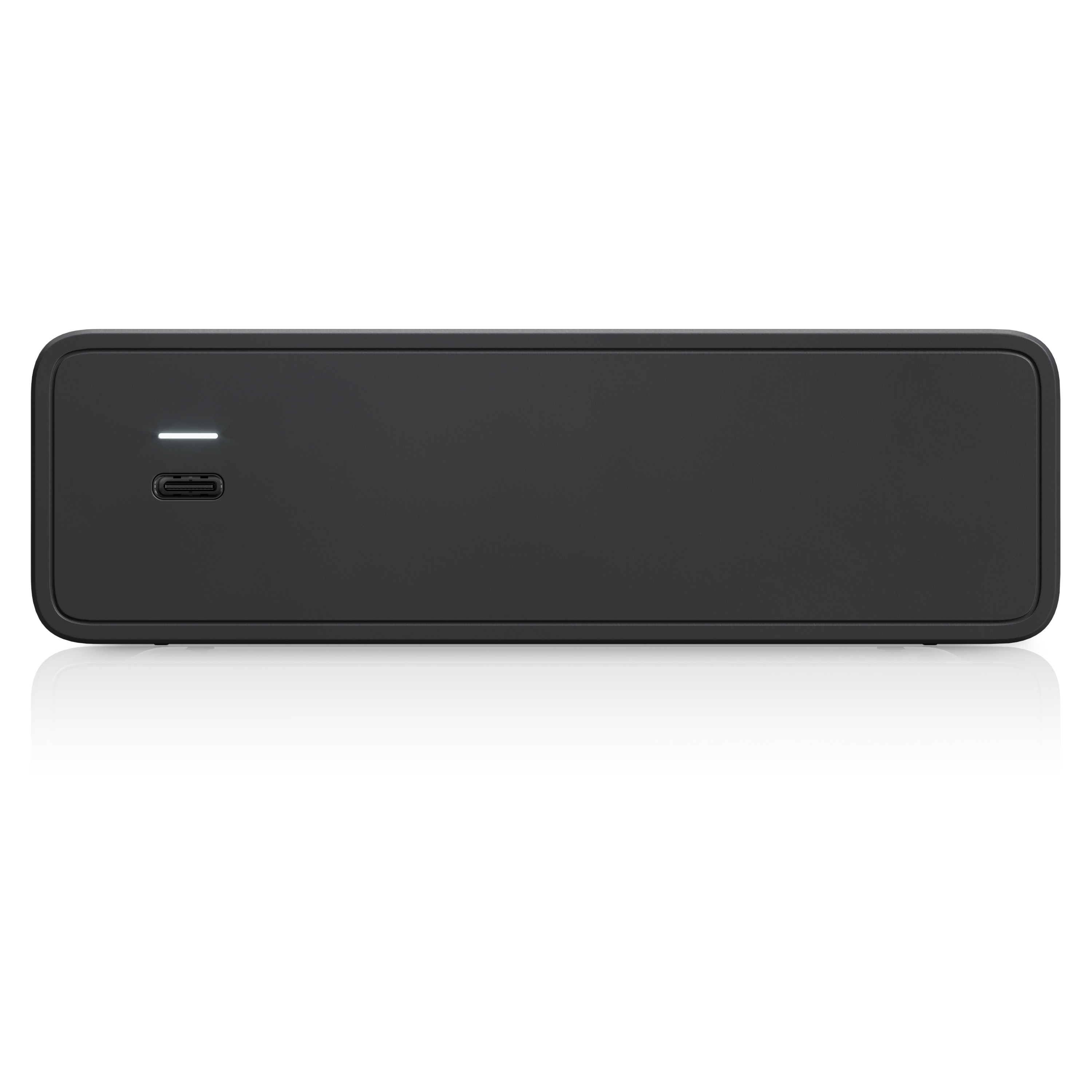 Ein schwarzes externes Laufwerk mit einem USB-C-Anschluss und einer LED.