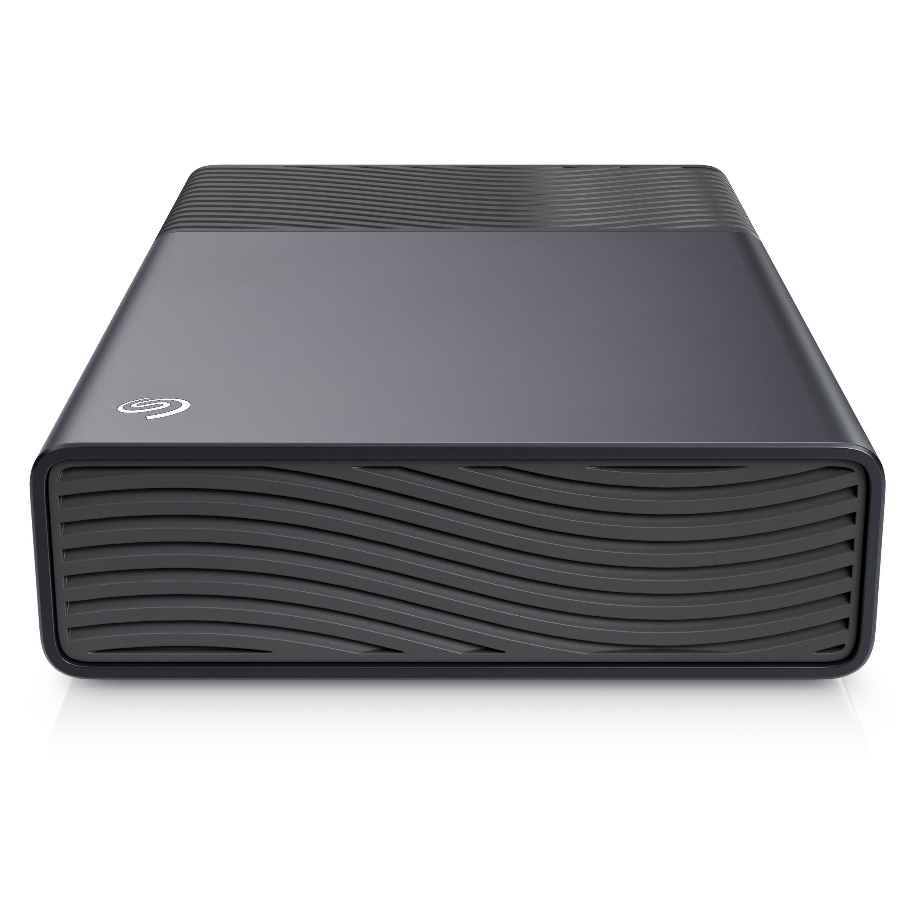 Ein schwarzer Seagate Festplattenspeicher mit Wellenmuster auf der Vorderseite.