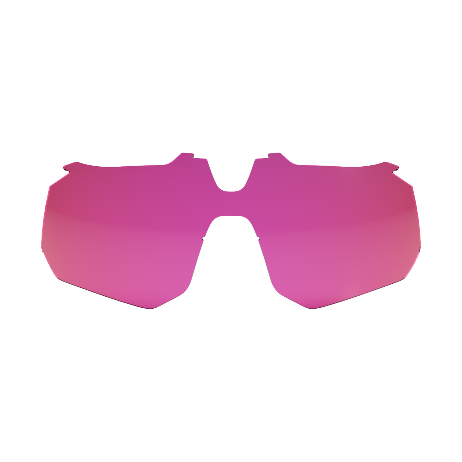 Una singola lente per occhiali da sole rosa a specchio su sfondo bianco.