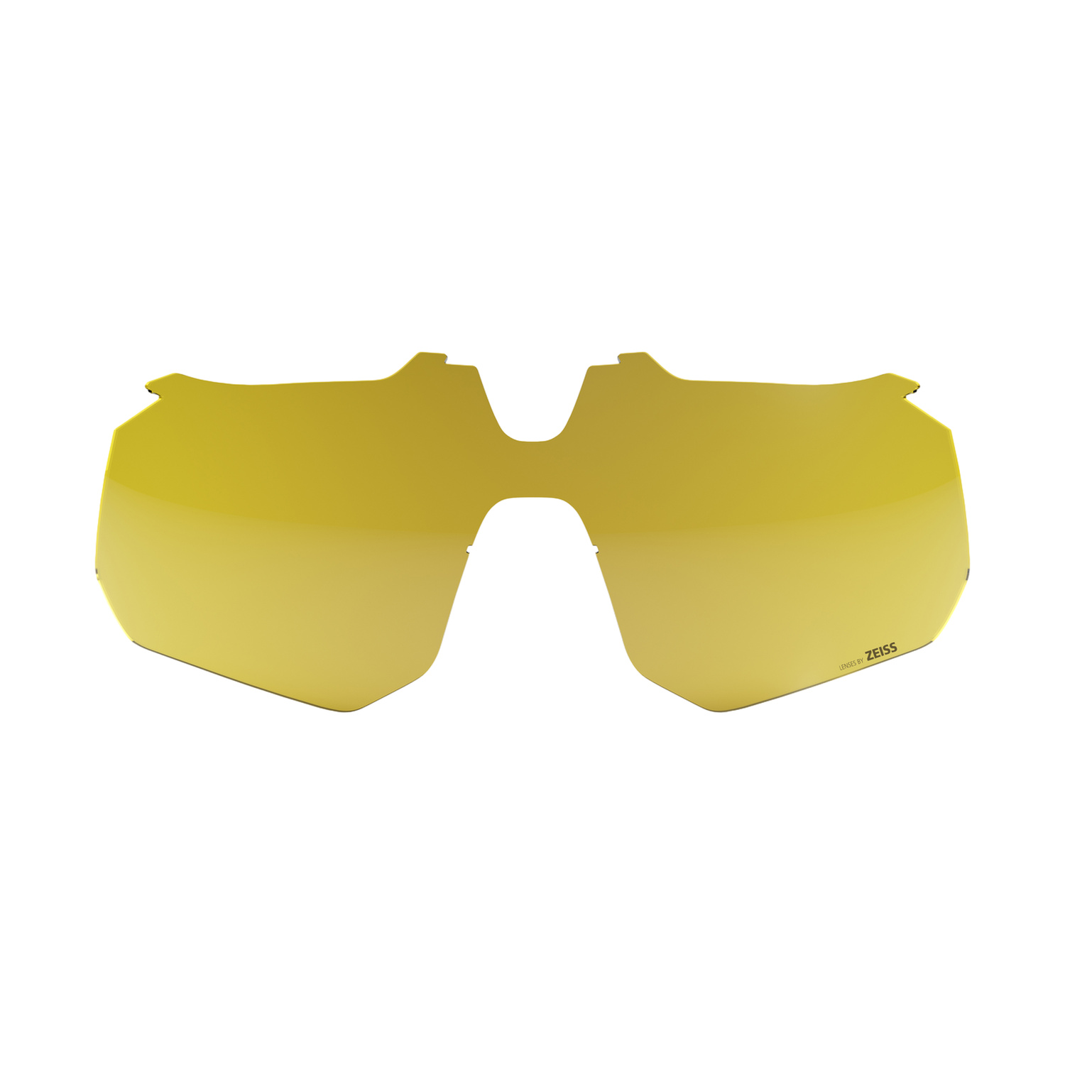 Lente occhiali da sole gialla a specchio con testo nero 'LENSES BY ZEISS'.