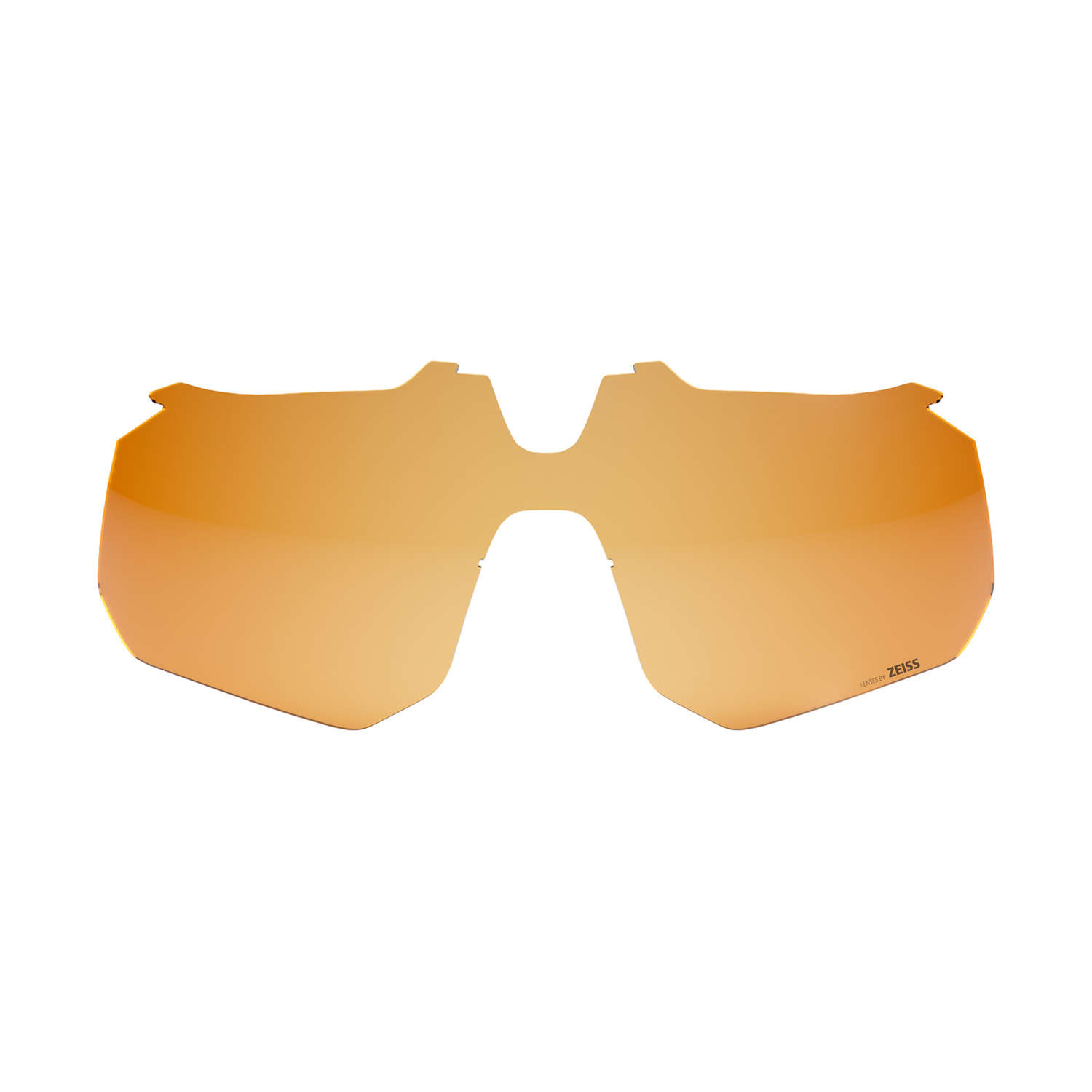 Lente per occhiali da sole arancione con bordo tagliato e scritta "LENSES BY ZEISS".