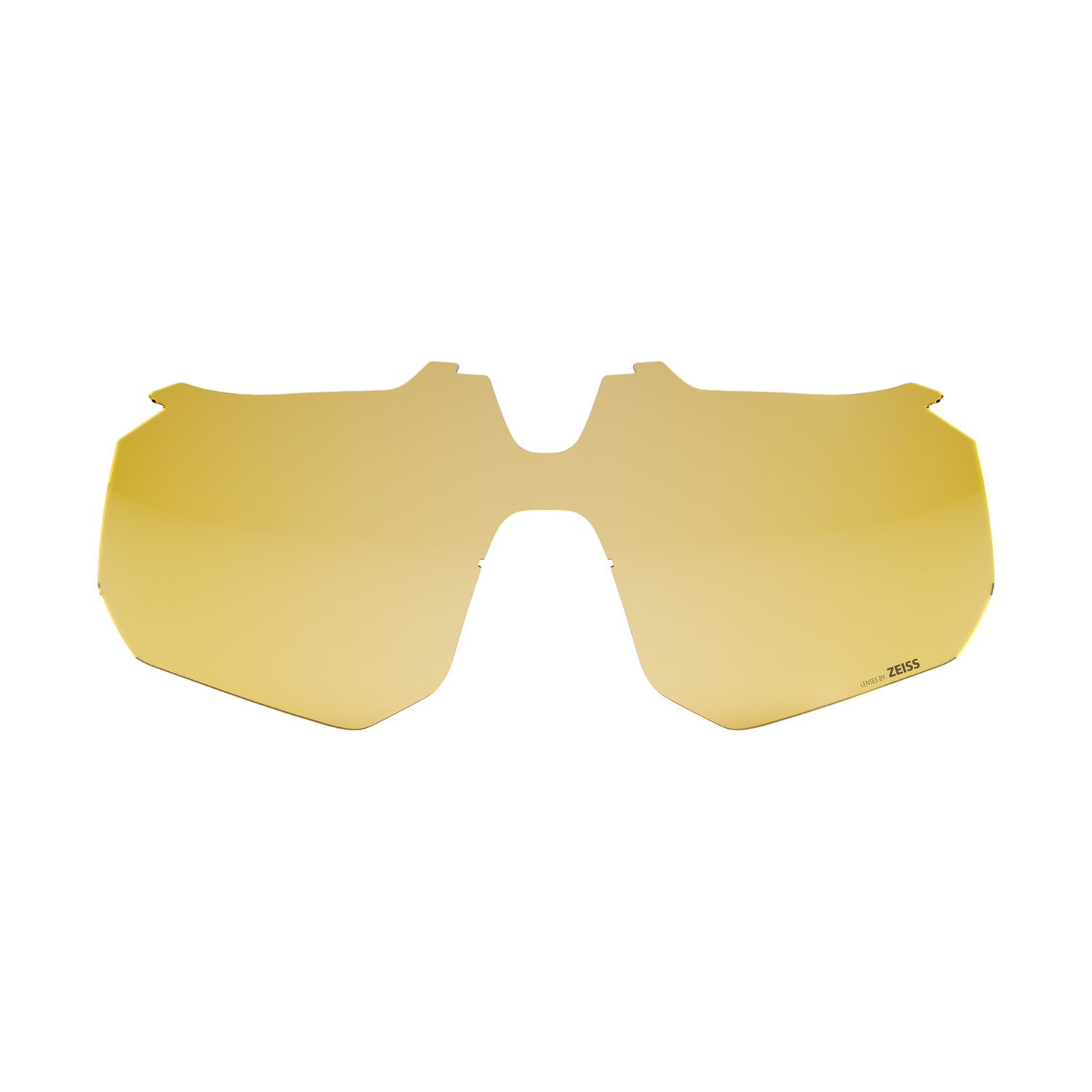 Una lente gialla a specchio per occhiali con iscrizione 'LENSES BY ZEISS'.