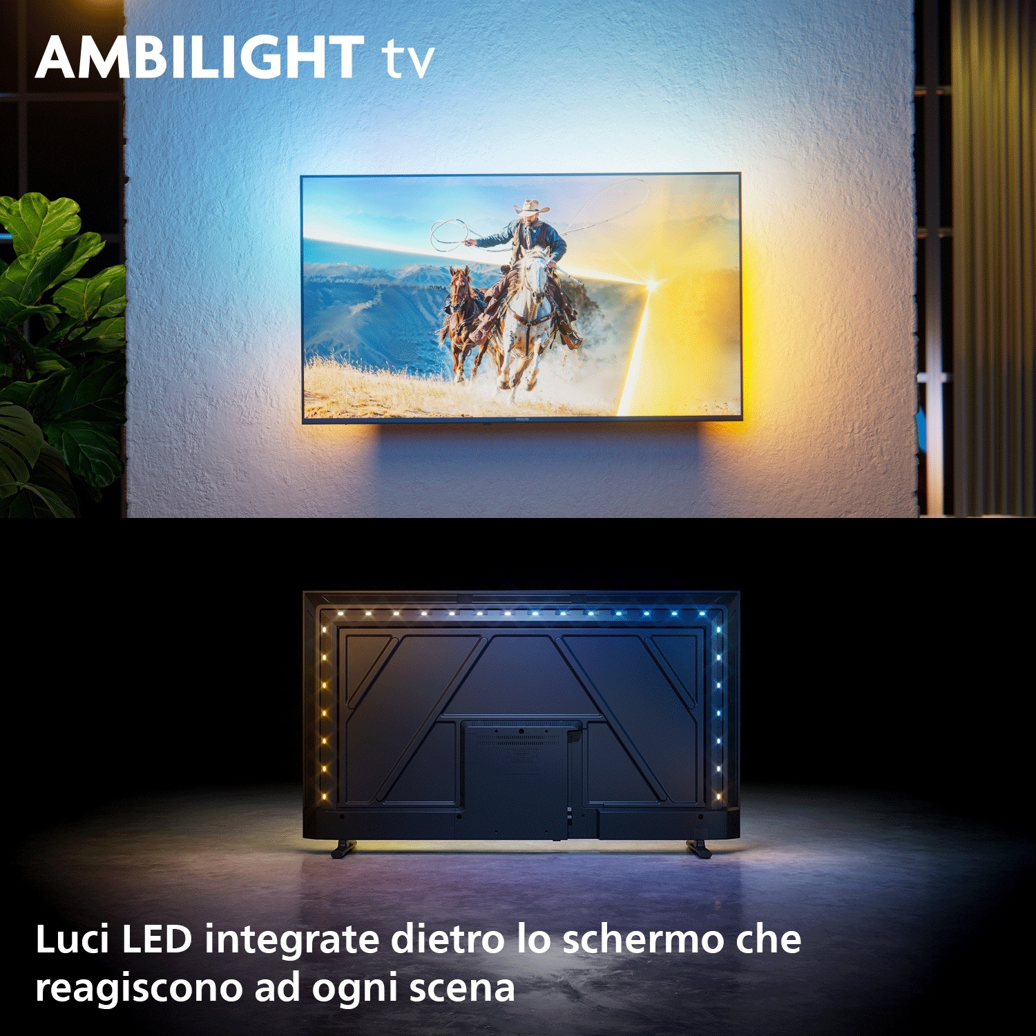 Un televisore con tecnologia Ambilight mostra cowboy a cavallo.