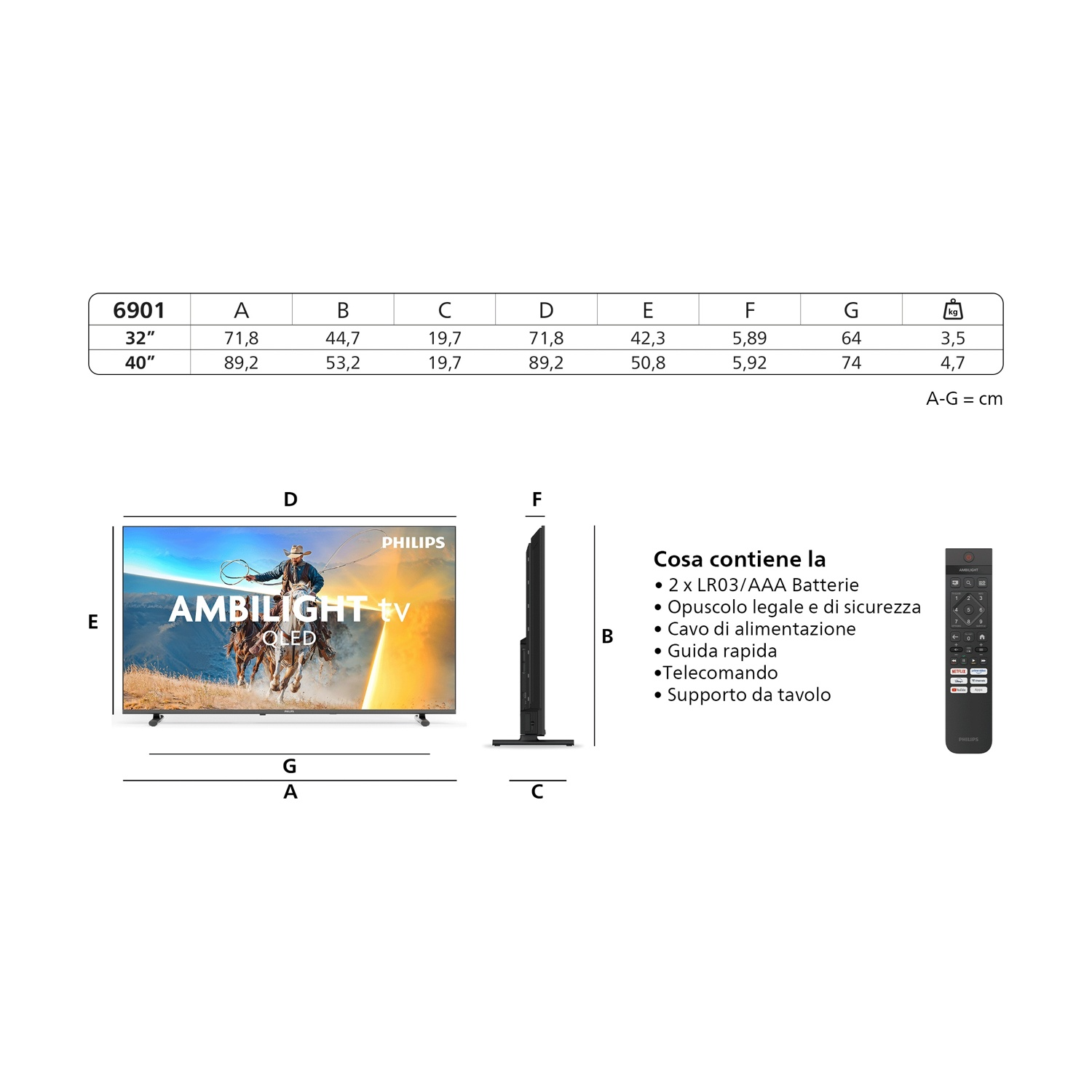 Tabella dimensioni TV, schermo Philips Ambilight TV, vista laterale e telecomando.