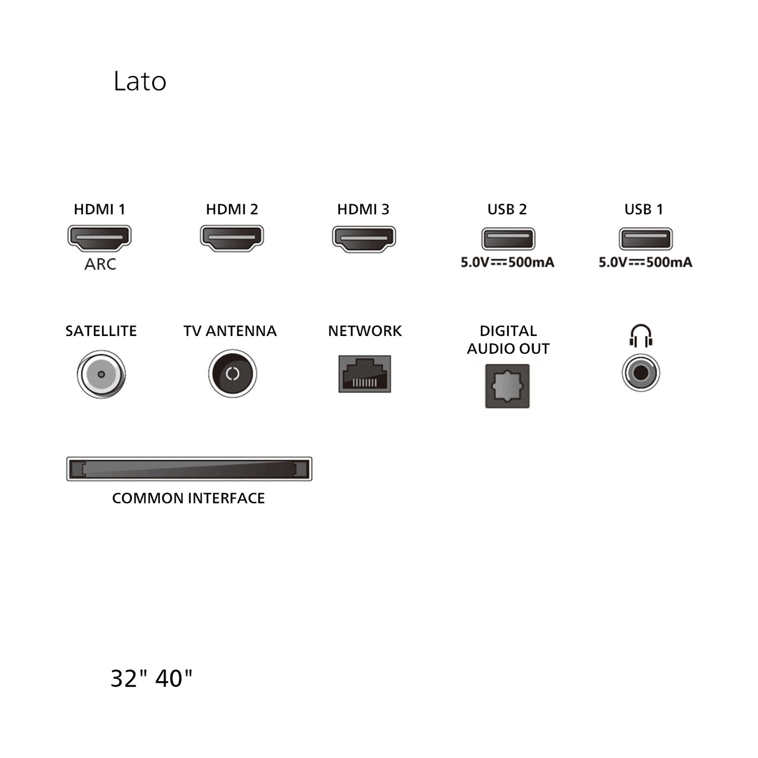 Connessioni: HDMI, USB, Satellite, Antenna, Rete, Uscita audio, Interfaccia comune. Dimensioni: 32"/40".