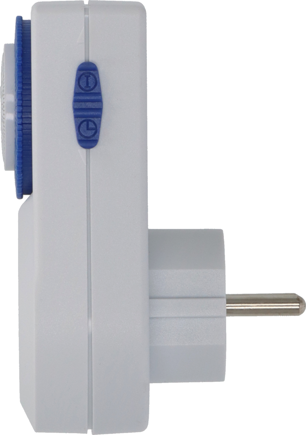 Ein weißer Stecker-Timer mit blauem Schalter und Drehrad.