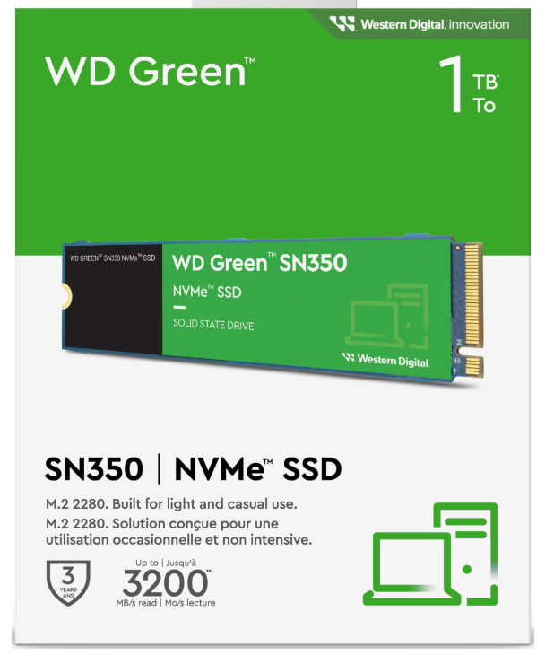 Dysk SSD NVMe WD Green SN350, 1TB. Oferuje szybkość i pojemność do użytku codziennego.