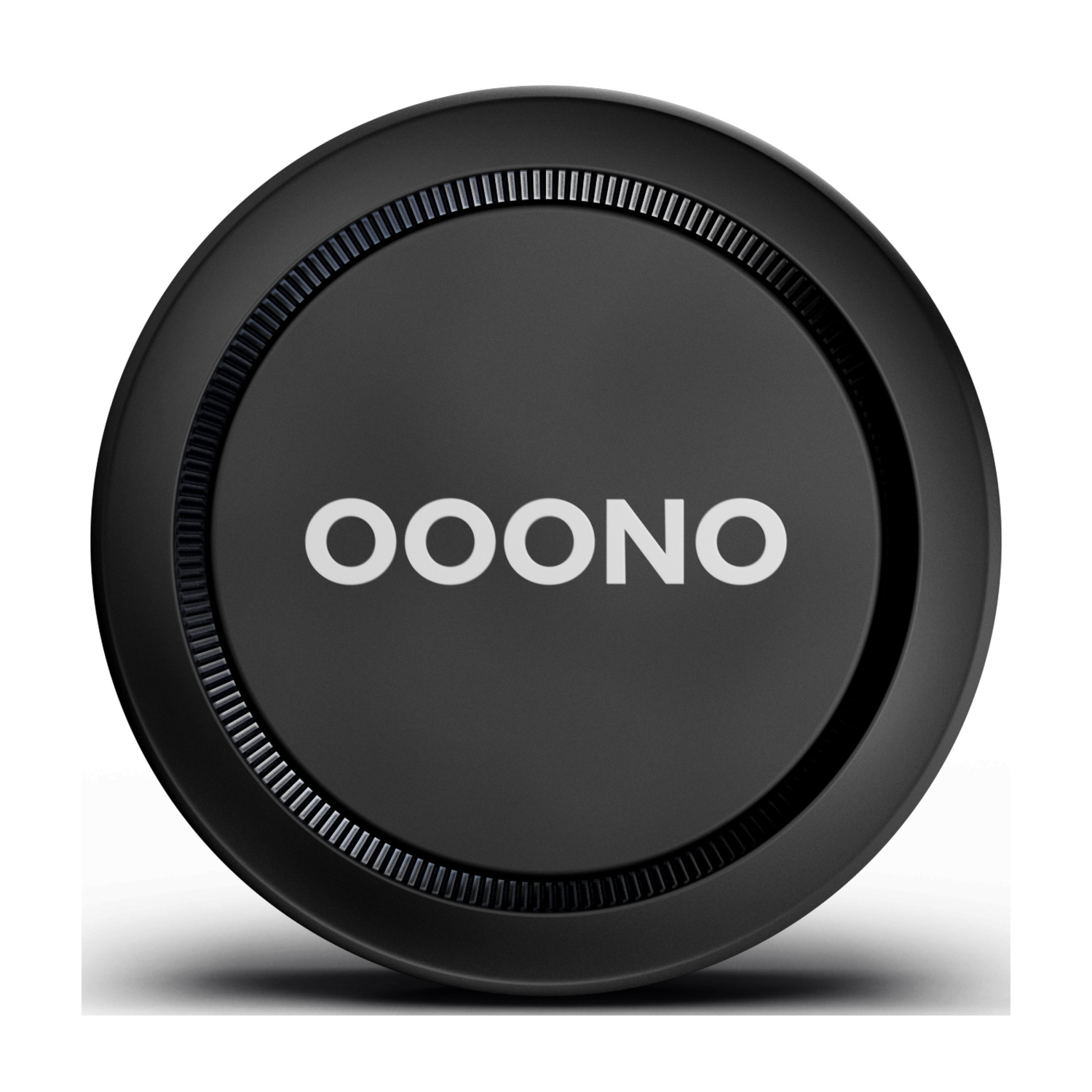Un dispositivo rotondo nero con la scritta OOONO in bianco.