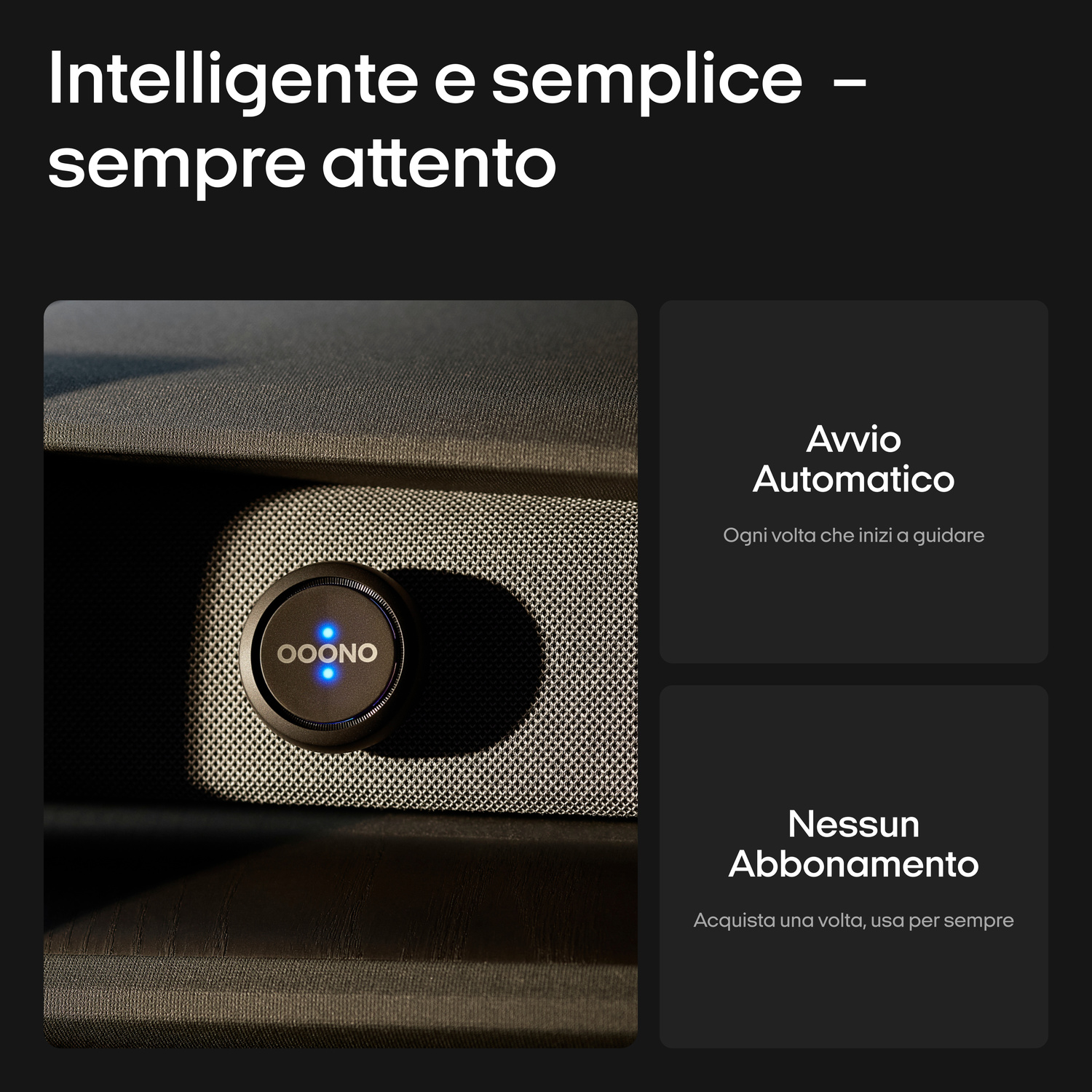 Un tracker OOONO nero con luci blu su sfondo di tessuto.