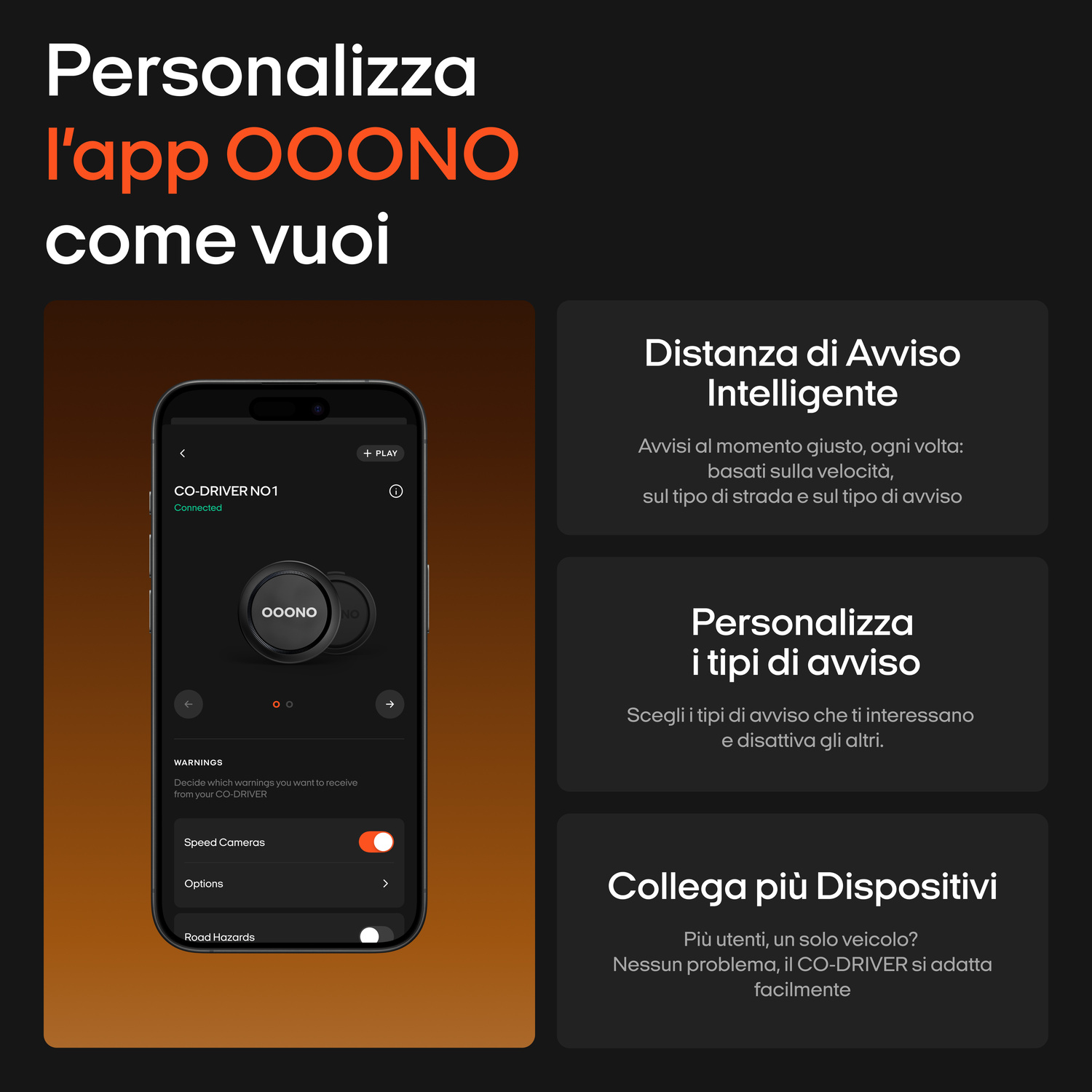 Personalizza l'app OOONO. Lo smartphone mostra le impostazioni degli avvisi.