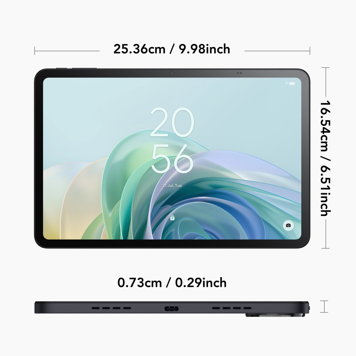 Un tablet grigio scuro mostra le dimensioni: 25,36 cm/9,98 pollici di larghezza, 16,54 cm/6,51 pollici di altezza, 0,73 cm/0,29 pollici di spessore.