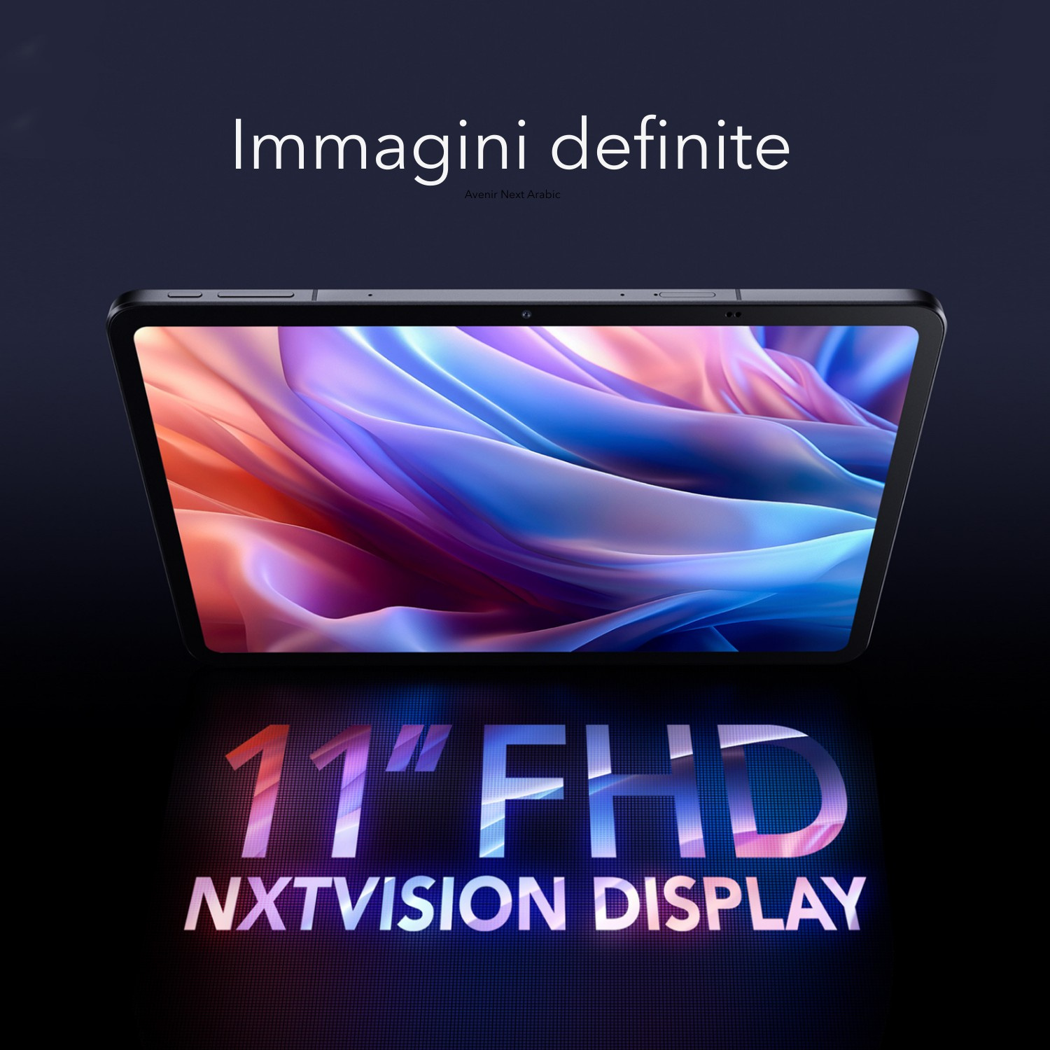 Un tablet moderno con uno sfondo astratto vibrante e testo.