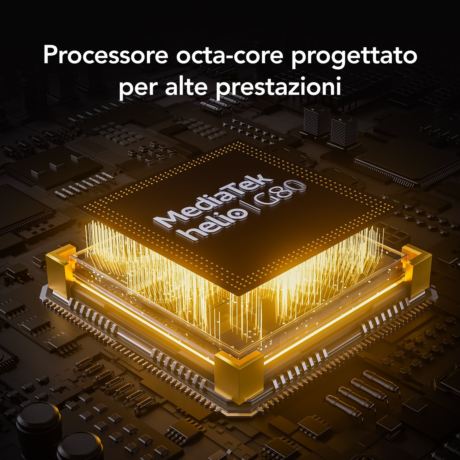 Un chip del processore luminoso su una scheda di circuito scura con molti dettagli fini.
