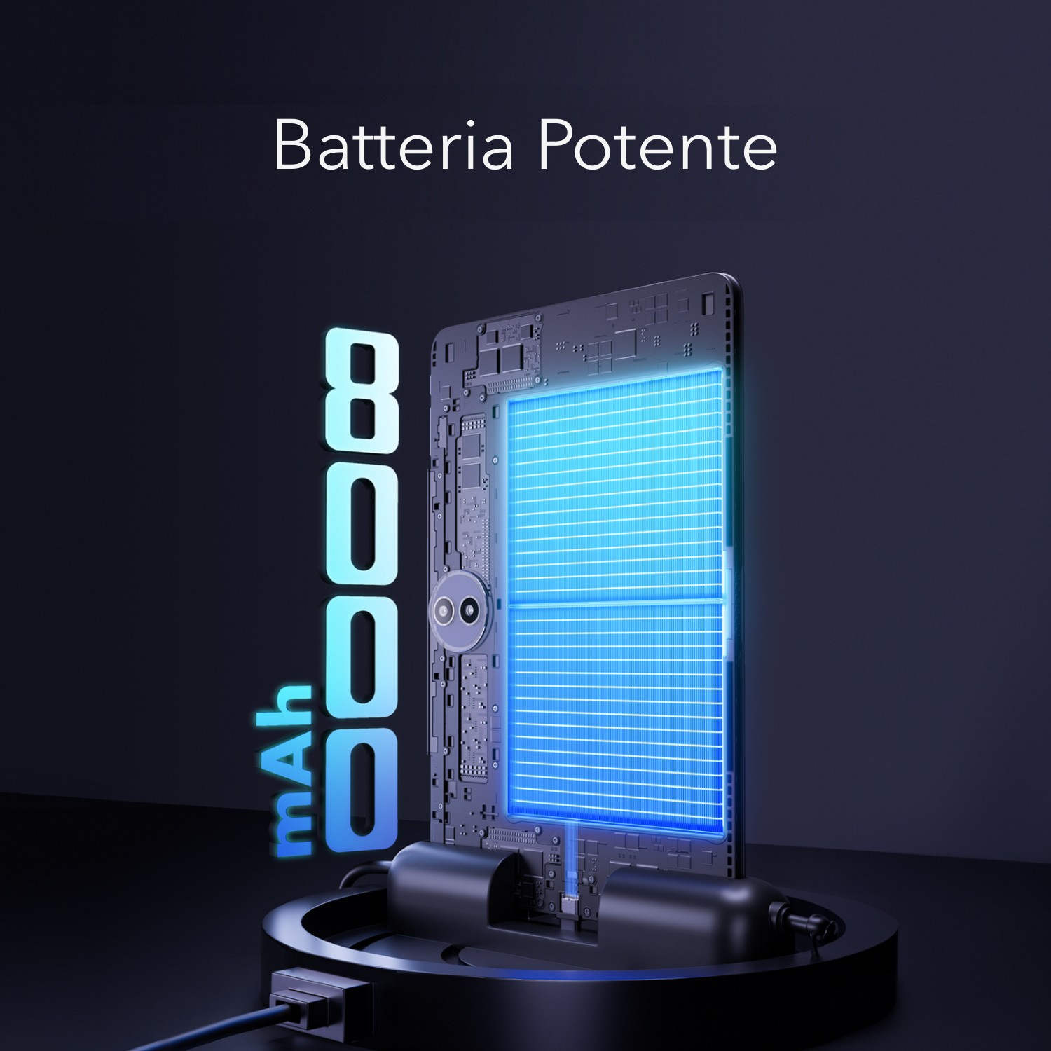 Batteria da 8000mAh con circuiti e porta di ricarica su sfondo scuro.