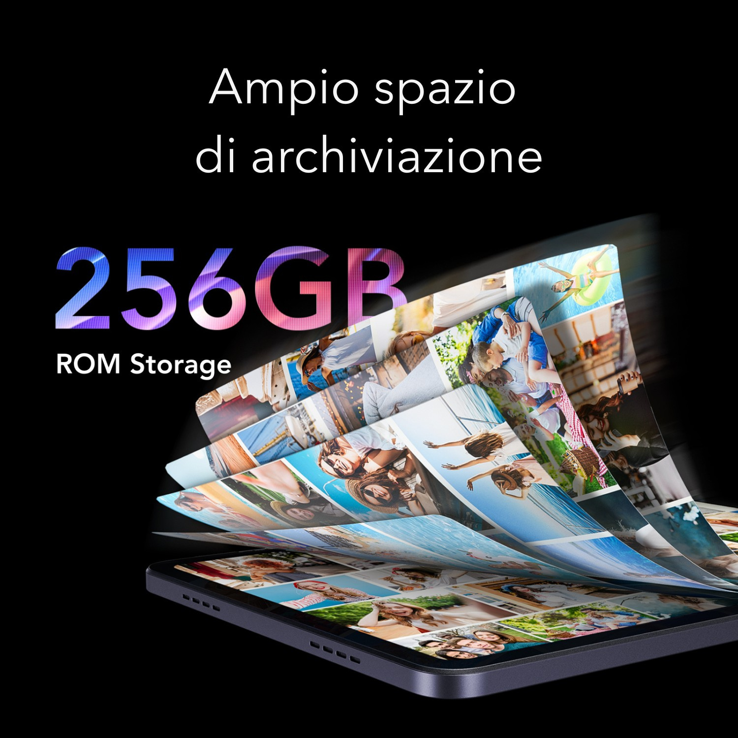 Un tablet con 256 GB di spazio di archiviazione, con foto e video a ventaglio.