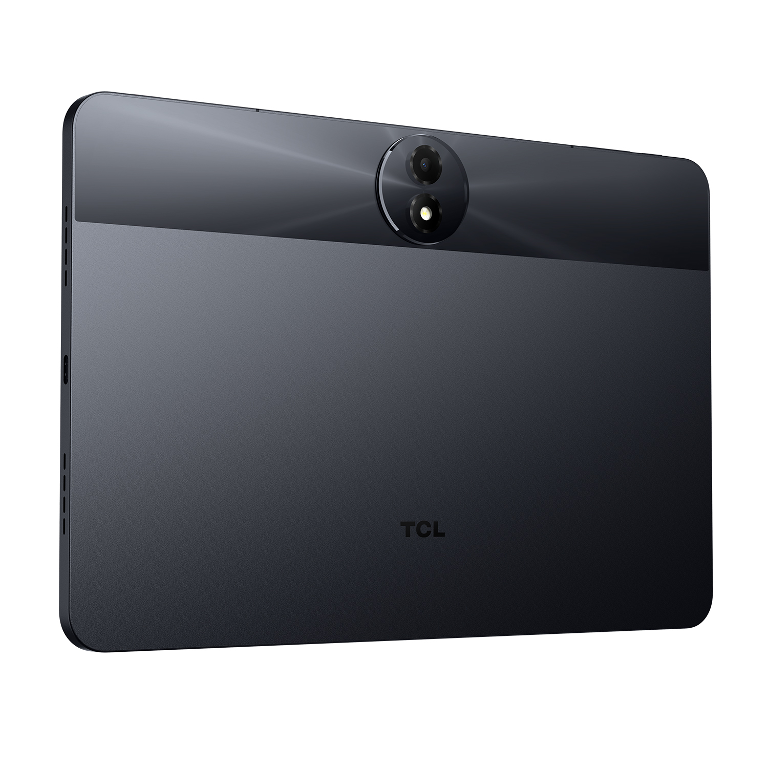 Retro di un tablet TCL scuro con doppia fotocamera e striscia lucida.