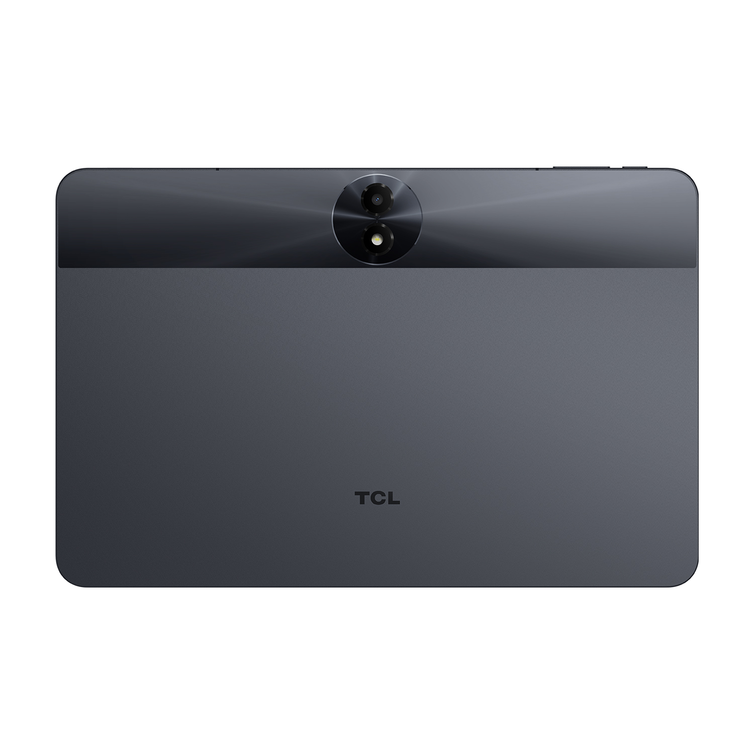 Retro di un tablet scuro con doppia fotocamera e logo TCL.