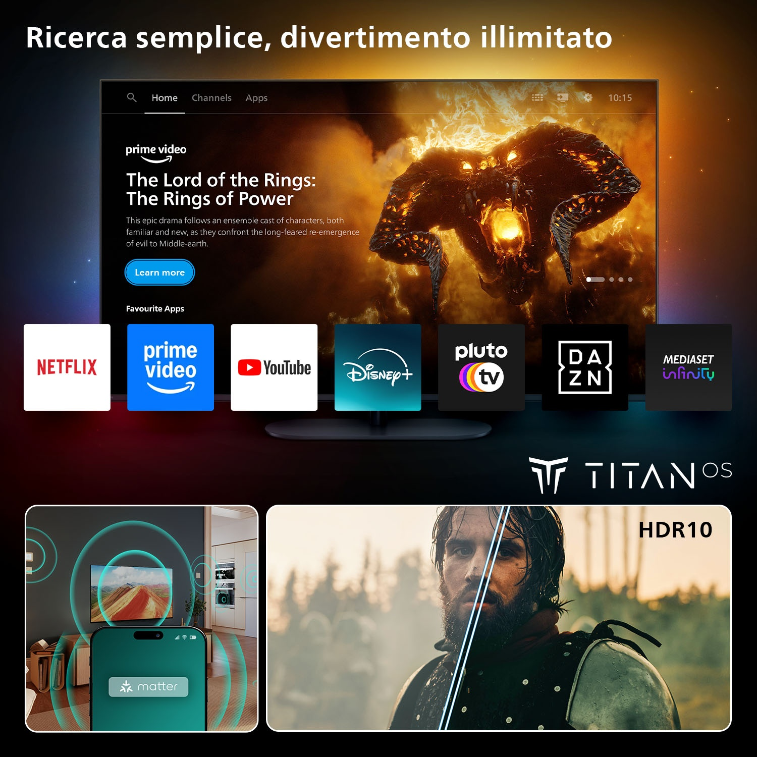 Menu Smart TV con app come Prime Video, Netflix, YouTube. Sotto un telefono e l'immagine di un cavaliere.