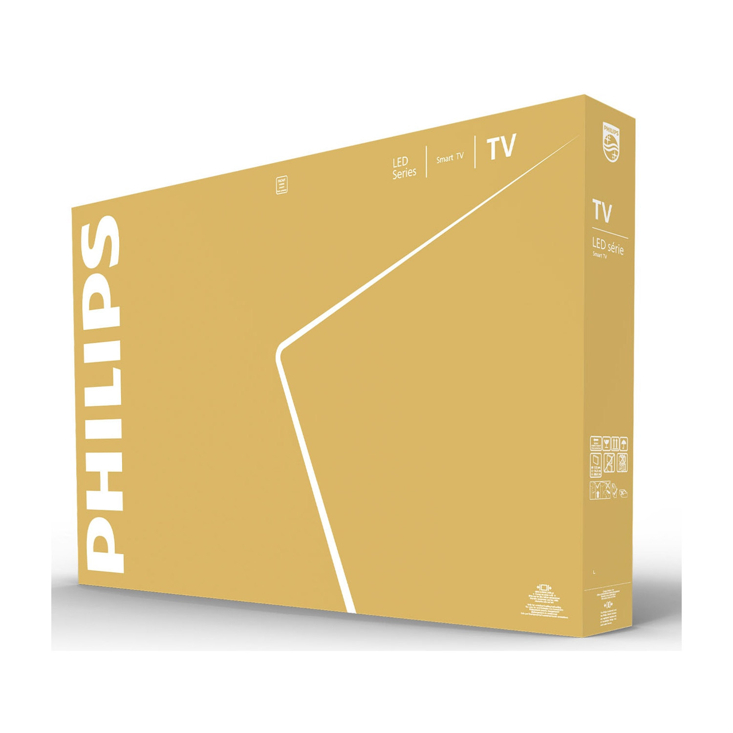 Scatola TV Philips dorata con scritte e linee bianche.
