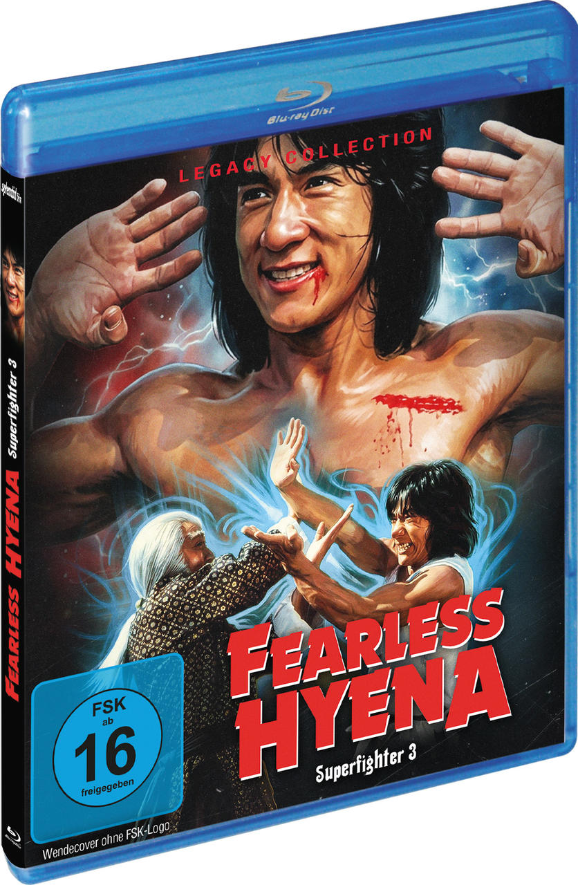 Blu-ray-Hülle von "Fearless Hyena 3". Ein Mann mit blutiger Lippe, zwei kämpfende Figuren im Vordergrund.