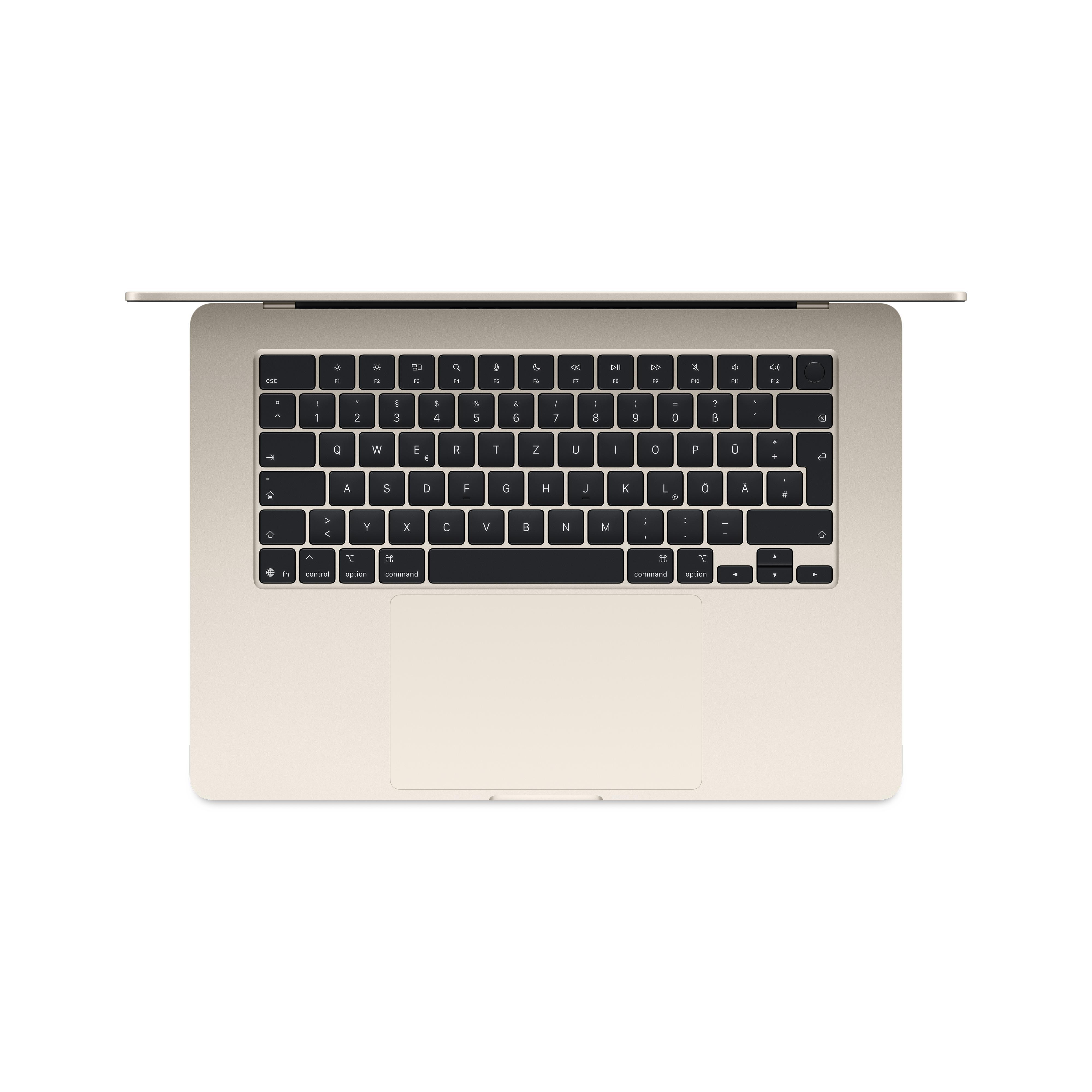 Ein hellbeiger Laptop im ausgeschalteten Zustand, von oben gesehen, mit Fokus auf die Tastatur.