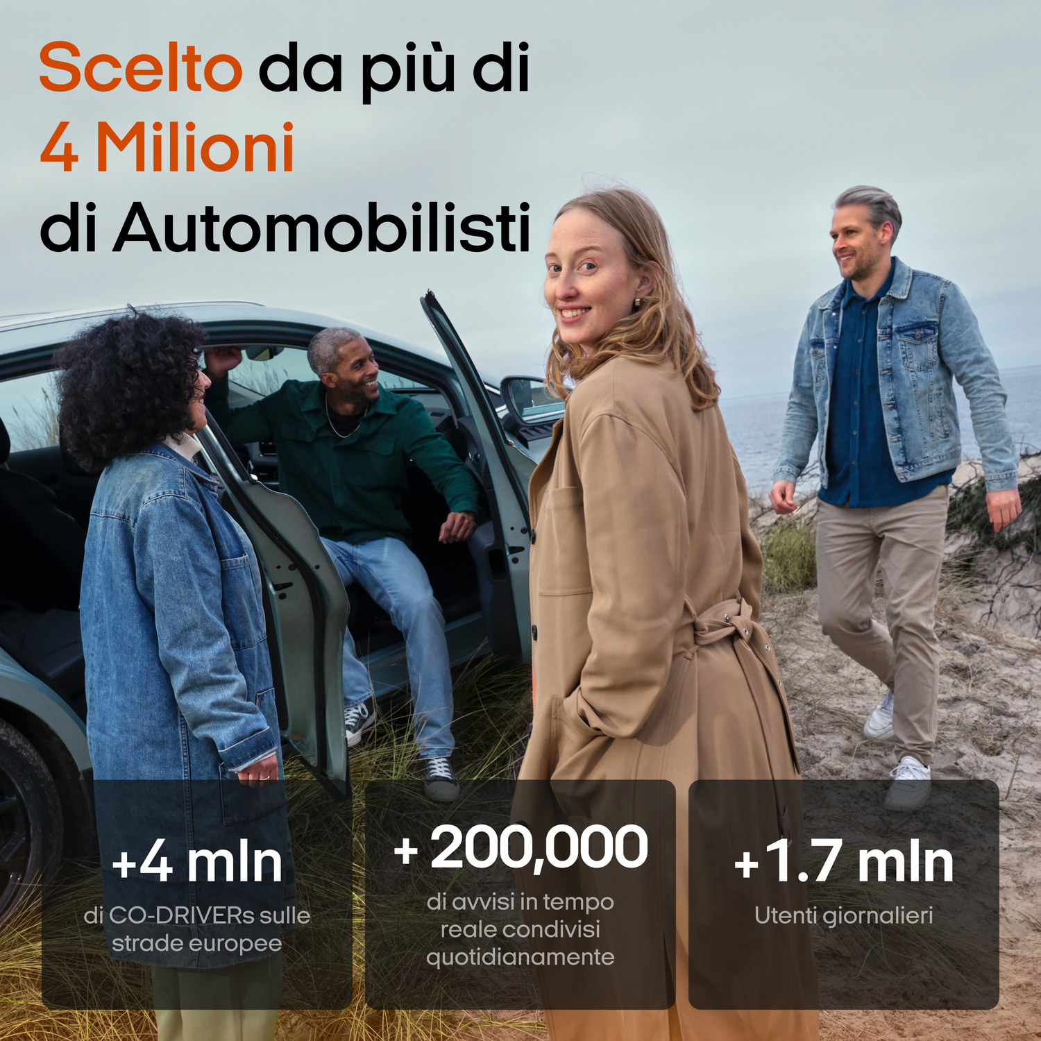 Persone vicino a un'auto all'aperto. Numeri mostrano oltre 4 milioni di automobilisti.