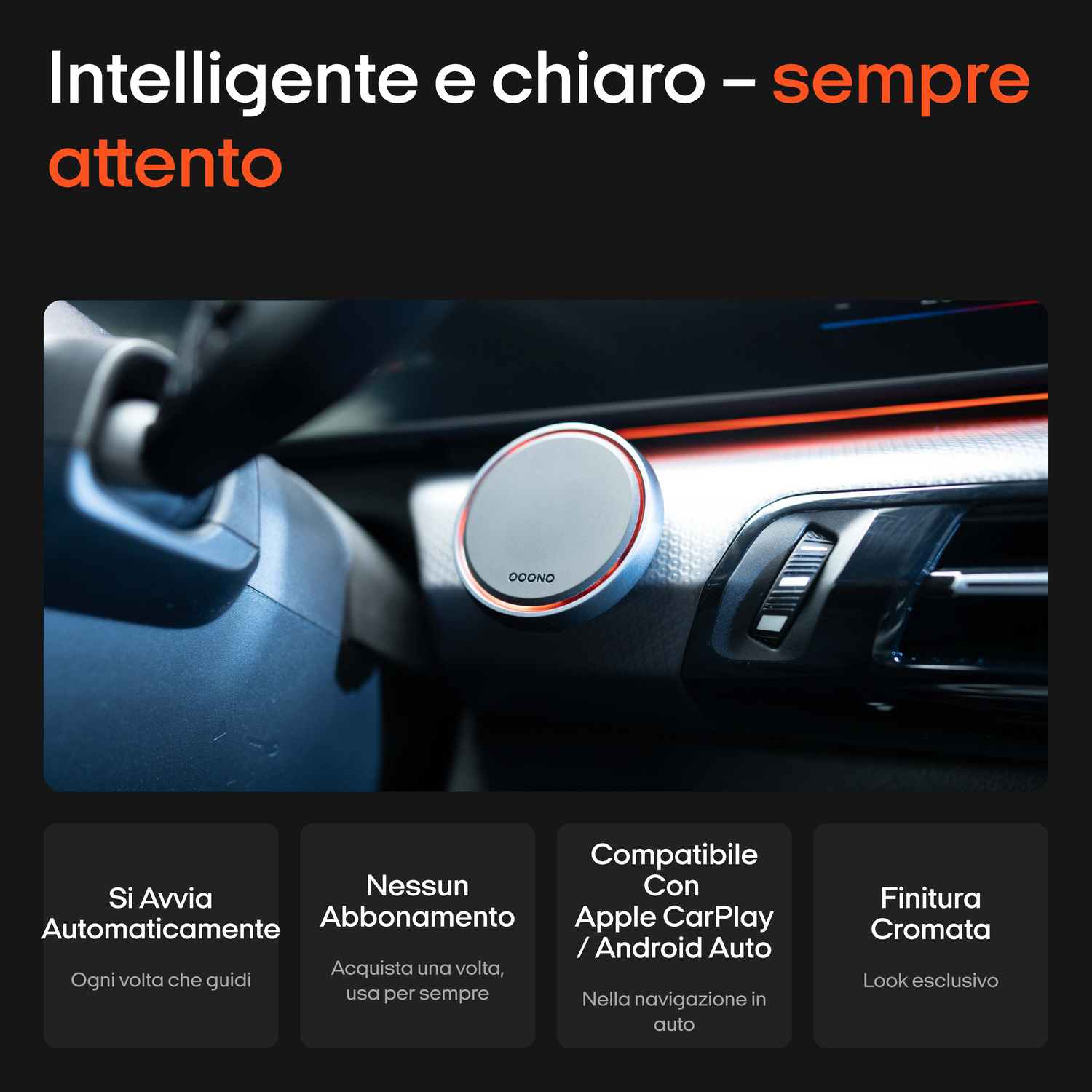 Un supporto auto OOONO grigio con bordo rosso su un cruscotto.