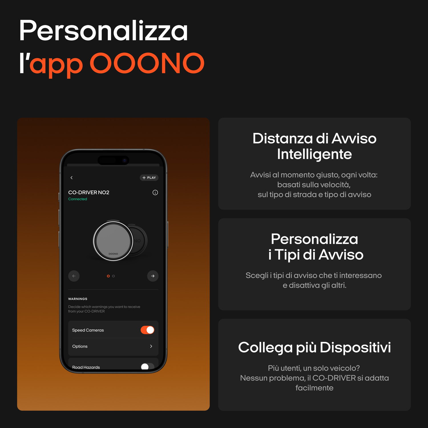Interfaccia app con avvisi e impostazioni per il CO-DRIVER.