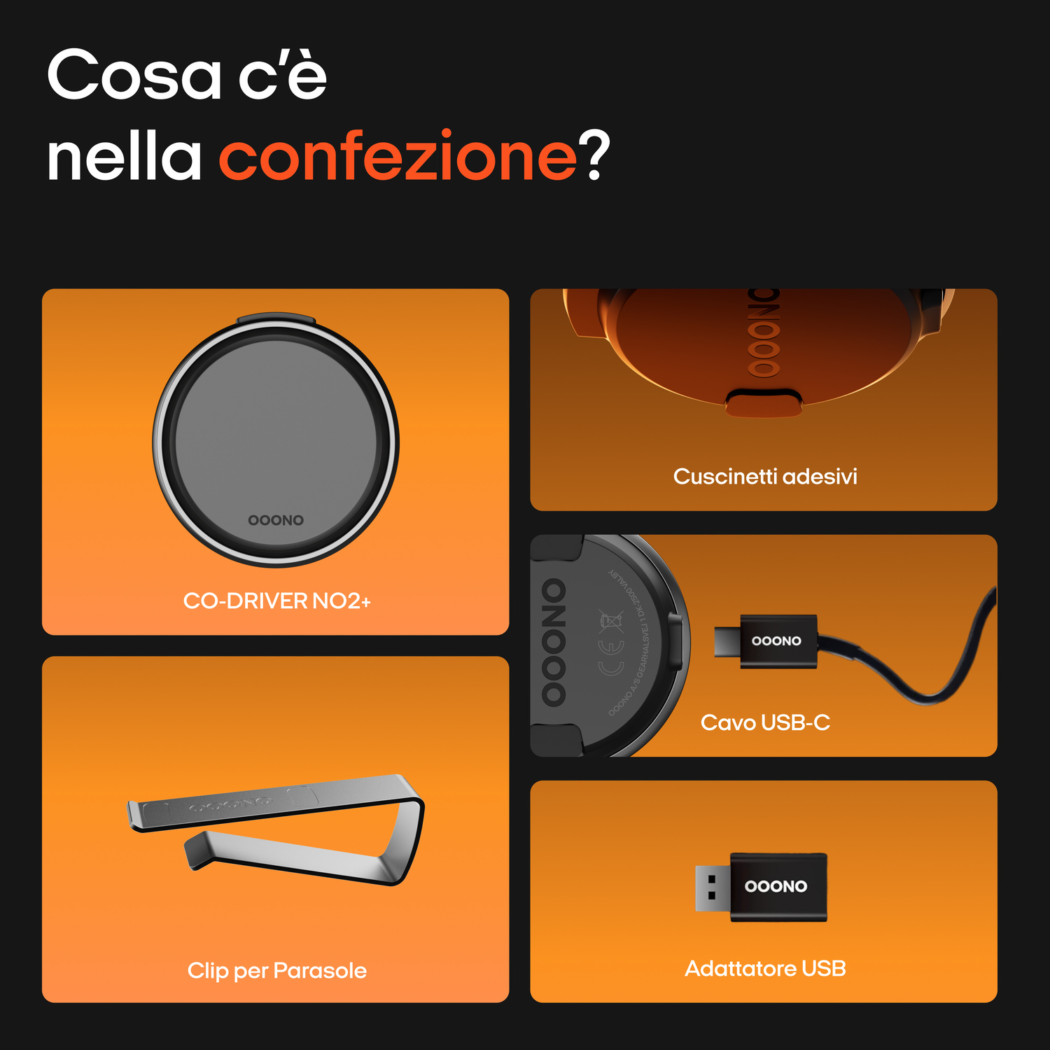 OONO CO-DRIVER NO2+, cuscinetti adesivi, cavo USB-C, clip e adattatore USB.
