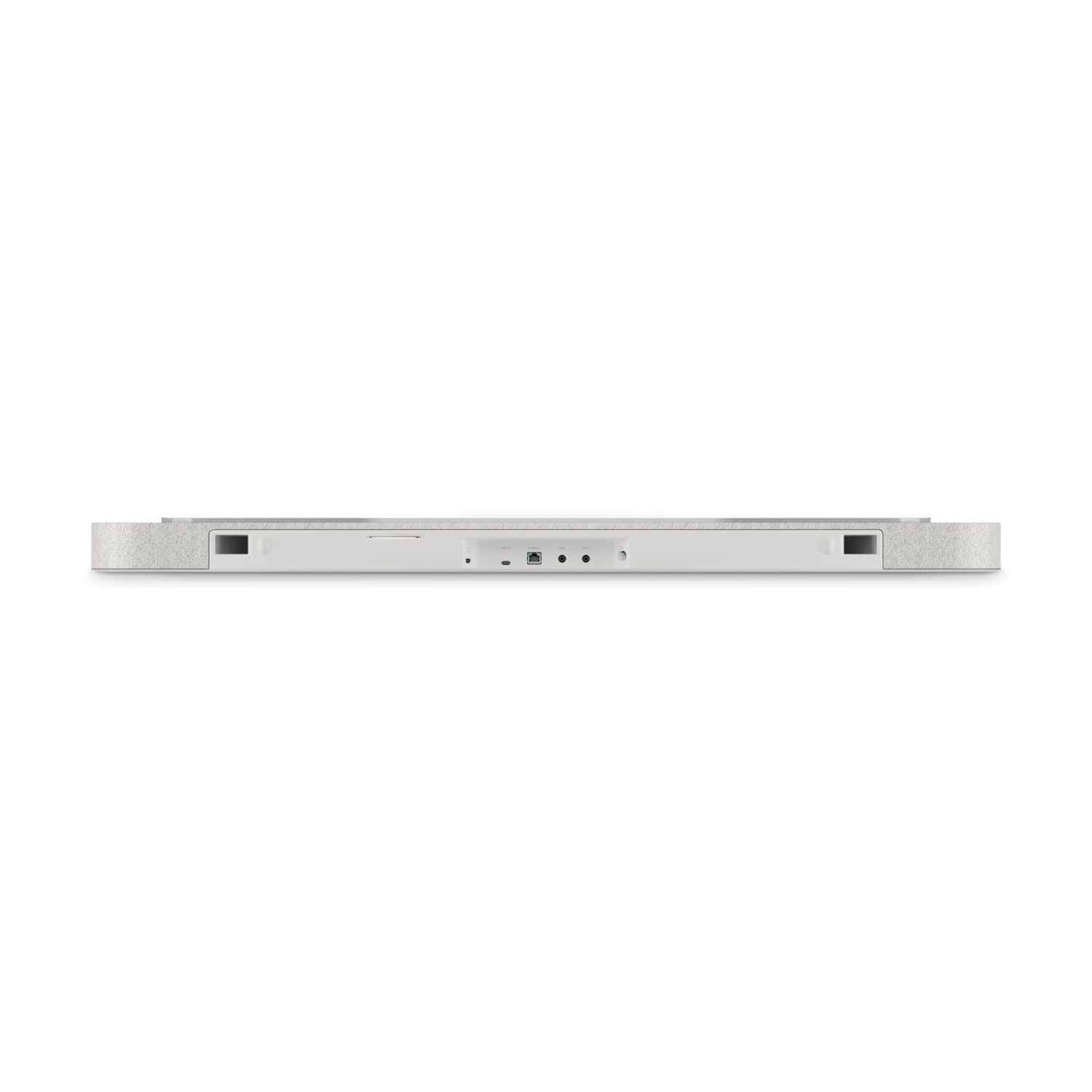 Un dispositivo bianco con porte e griglie per altoparlanti sui lati.