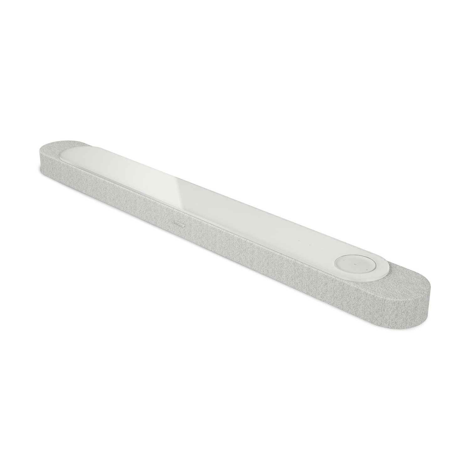 Un dispositivo lungo, sottile e grigio con una striscia luminosa bianca e un pulsante circolare.