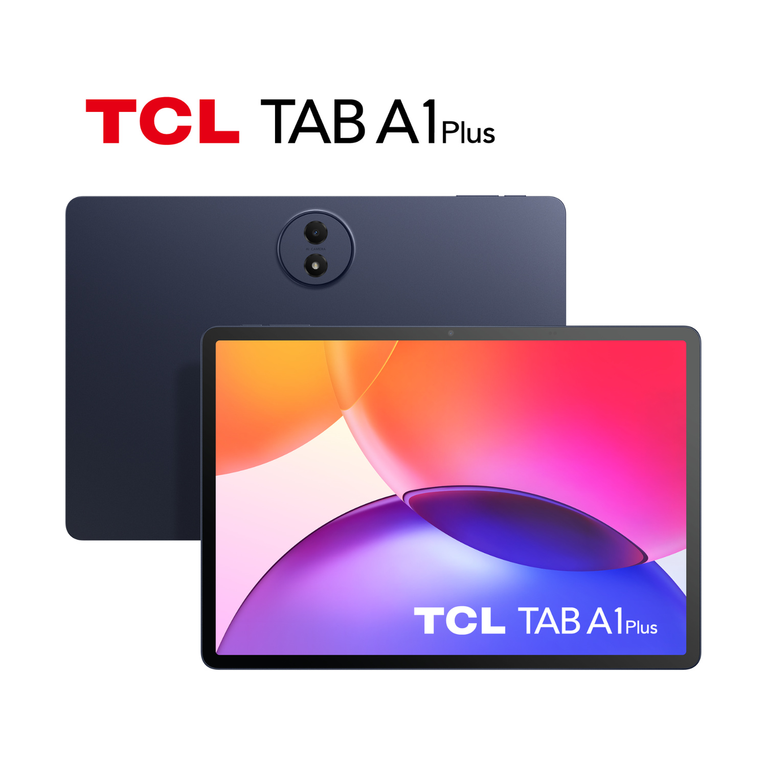 Tablet TCL TAB A1 Plus blu scuro con doppia fotocamera posteriore.