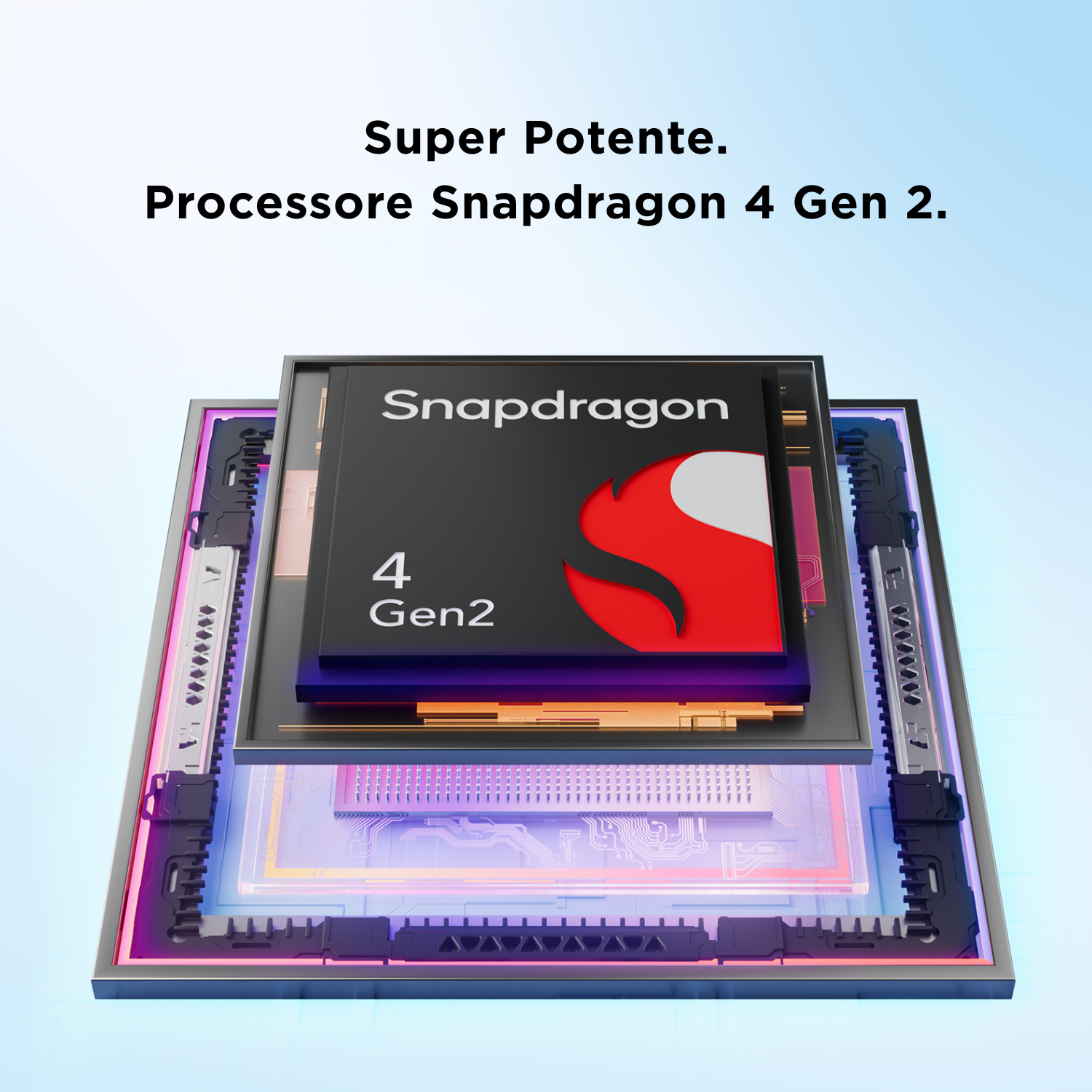Processore Snapdragon 4 Gen 2, dettagliato e illuminato.