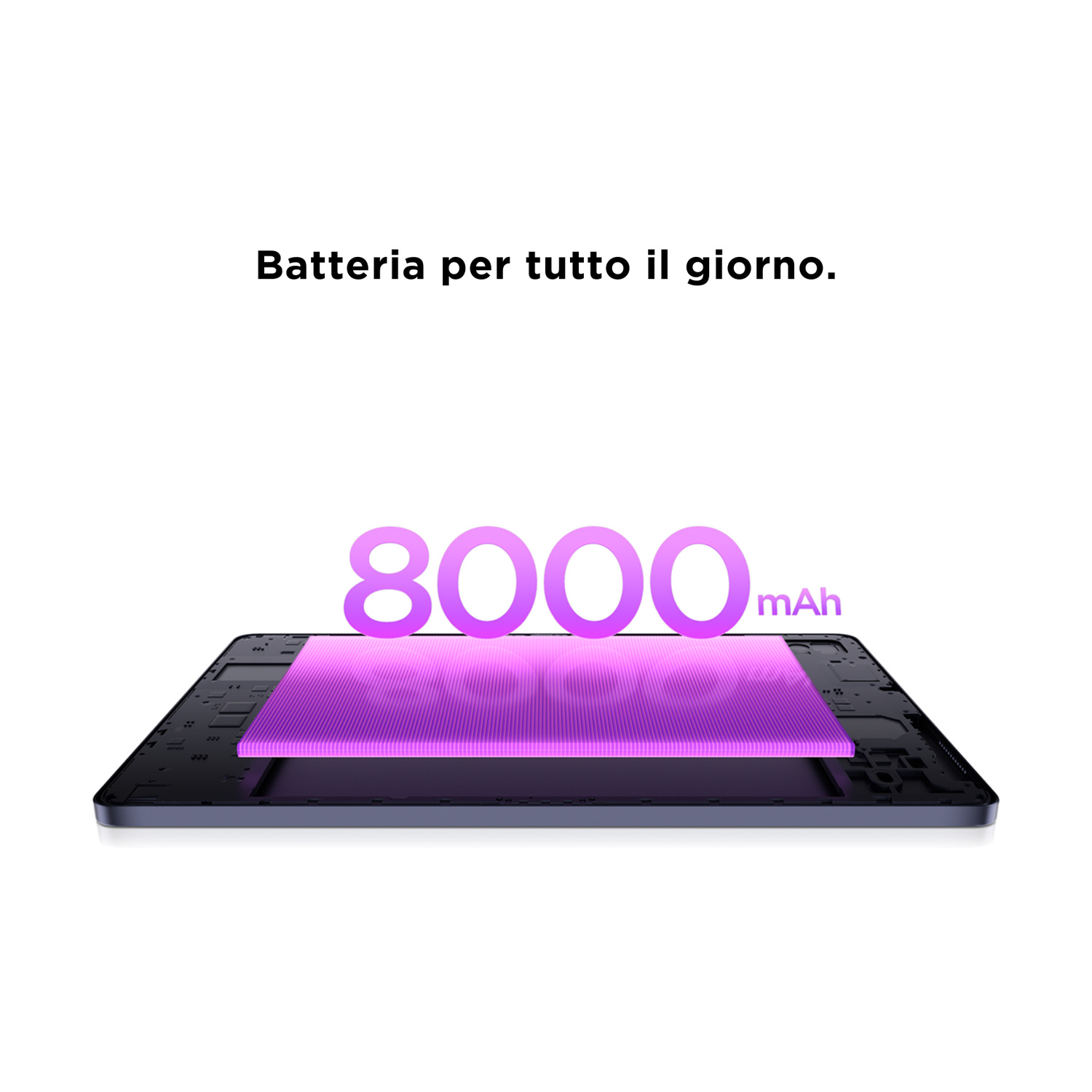 Un tablet con batteria da 8000 mAh, batteria viola evidenziata.
