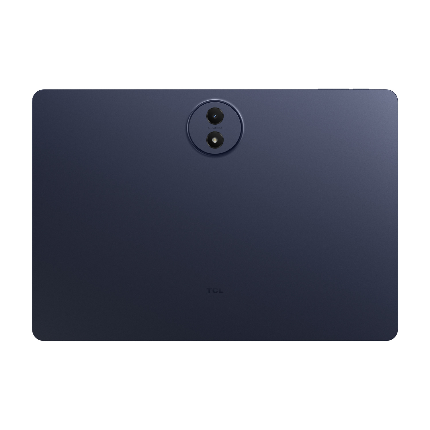 Tablet blu scuro con doppia fotocamera e logo TCL sul retro.