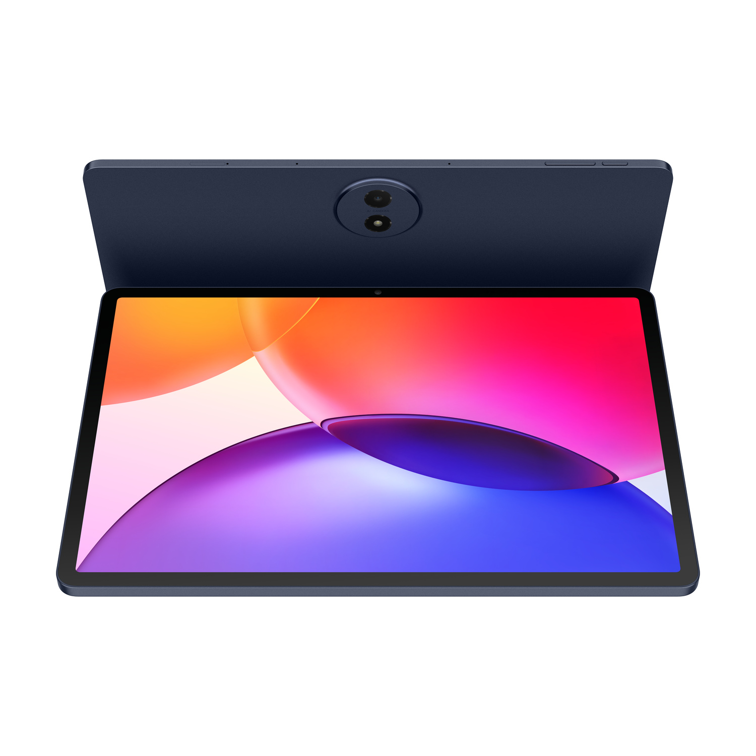 Un tablet blu scuro con schermo vuoto e doppia fotocamera posteriore.