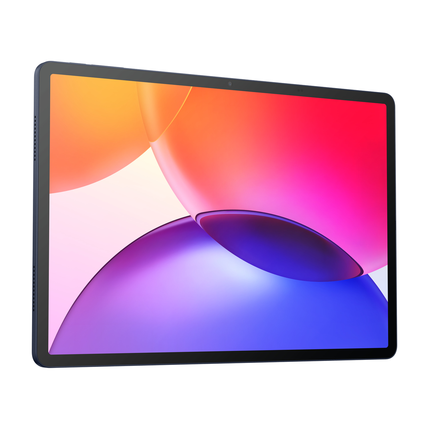 Un tablet scuro con uno sfondo colorato di cerchi sovrapposti in rosa, arancione e blu.