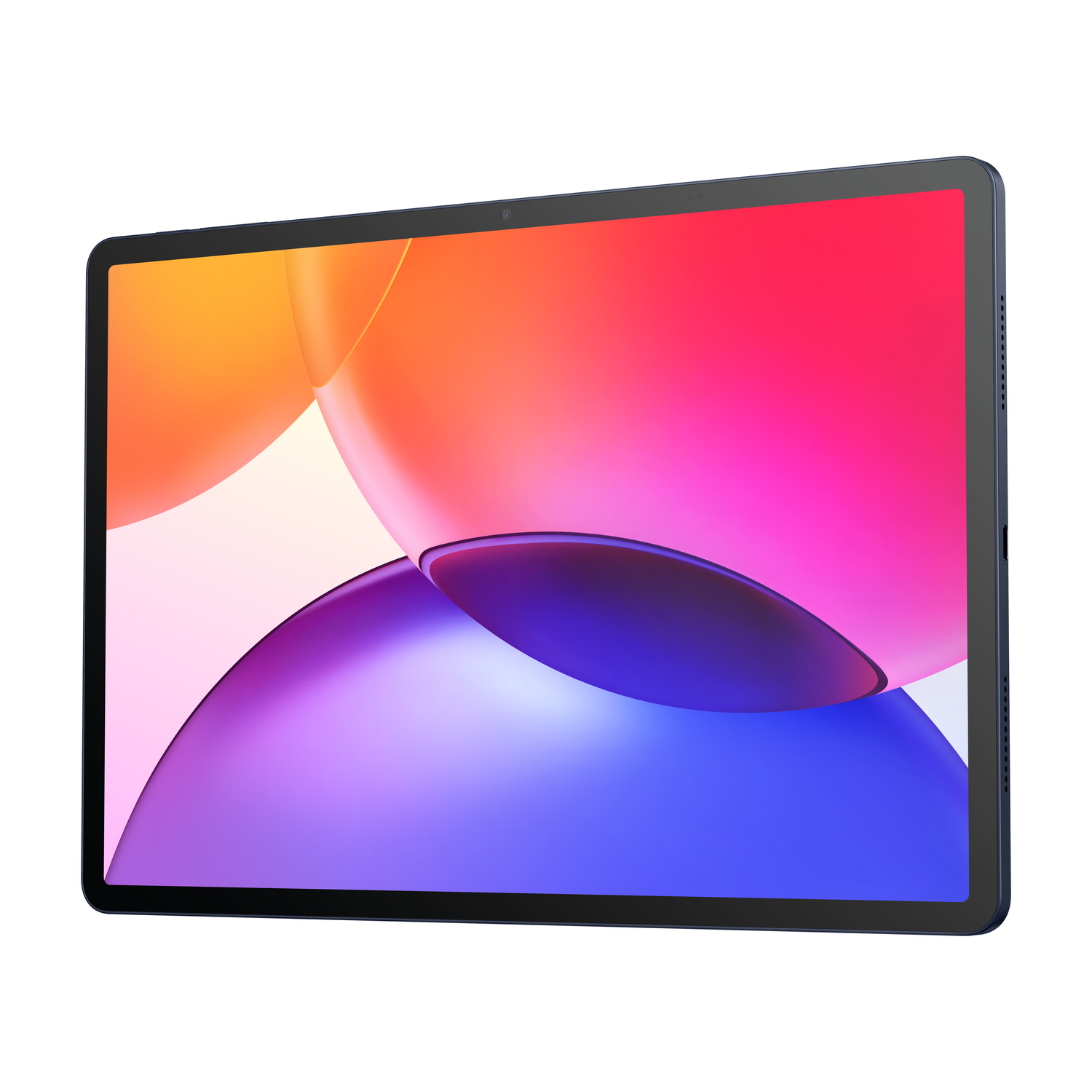 Un tablet scuro con uno sfondo a gradiente vibrante.