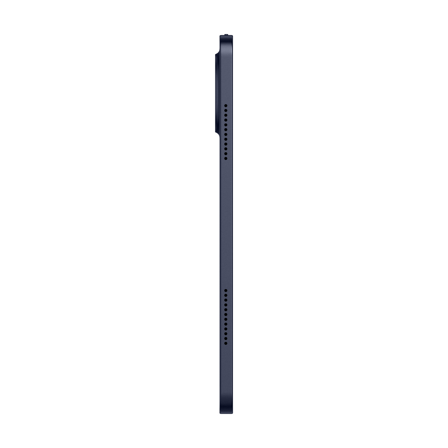 Un tablet blu scuro visto di lato su sfondo bianco.