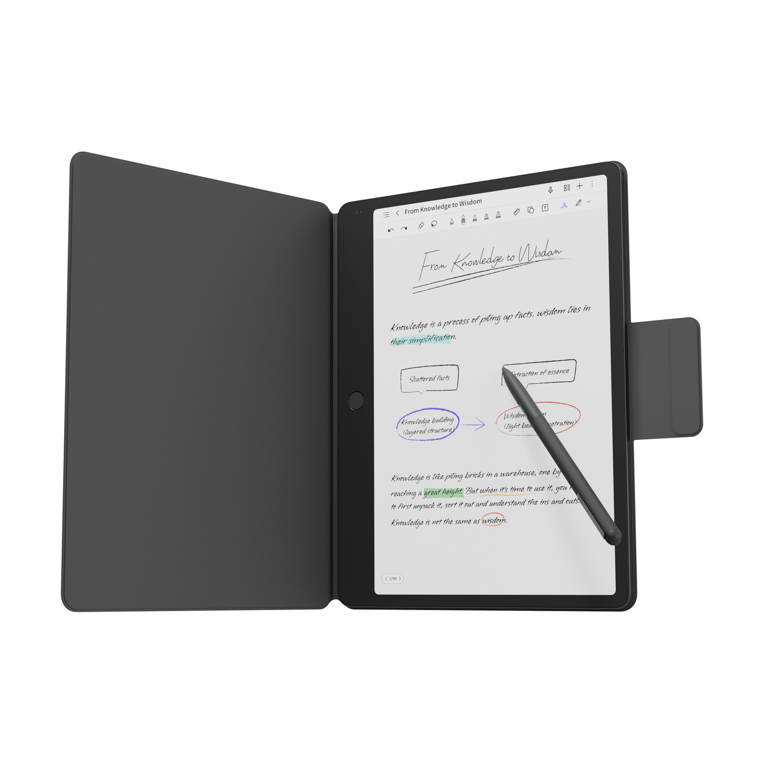 Un tablet con copertina per taccuino mostra appunti scritti a mano su conoscenza e saggezza.