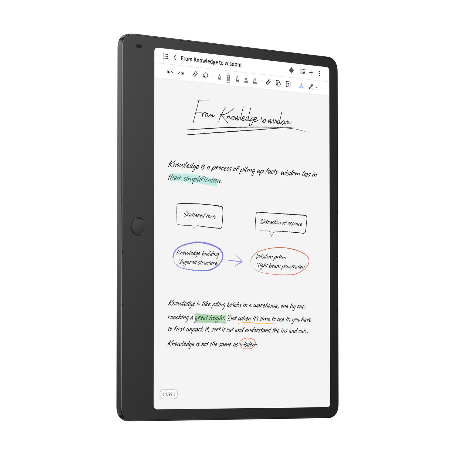 Tablet mostra appunti "Dalla conoscenza alla saggezza" con diagramma.